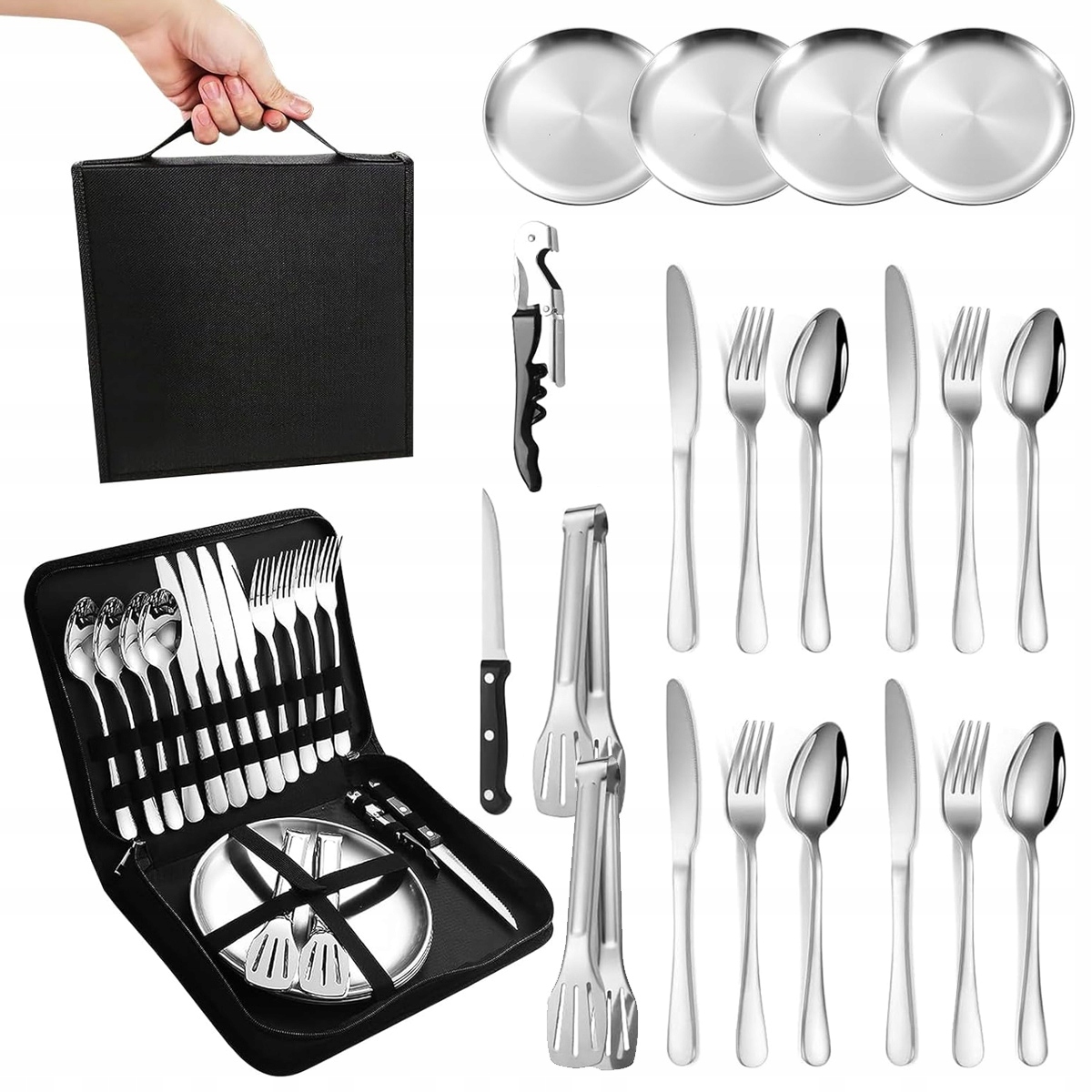 Naczynia Kempingowe Turystyczne Komplet Naczyń Sztućce Talerze Dla 4 os