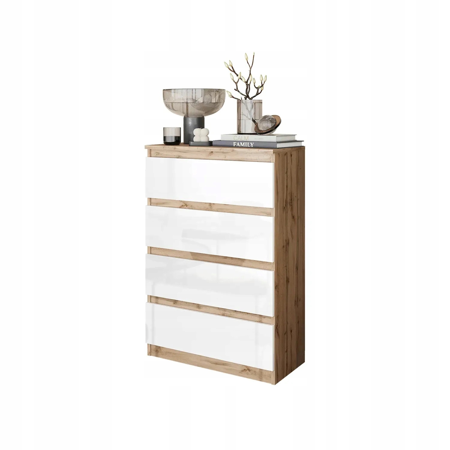 Komoda 60 CM Dub Wotan/ Bílý Lesk 4 Zásuvky Obývací Pokoj, Ložnice