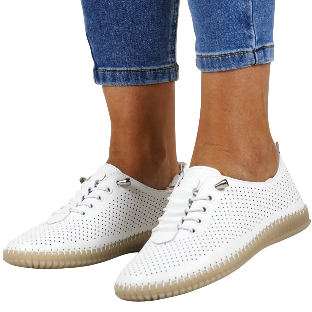 Dámské Kožené Polobotky Lehké Pohodlné Ažurové Bílé Děrované New 36