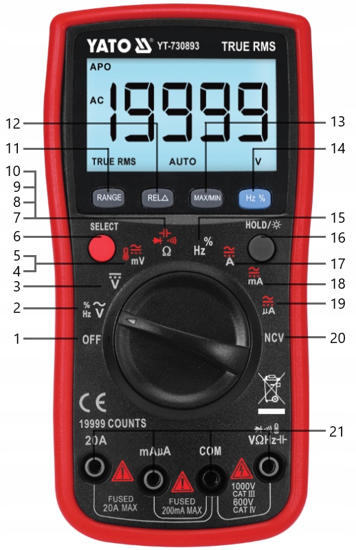 YATO MIERNIK CYFROWY TRUE RMS LCD 19999 YT-730893 Model YT-730893