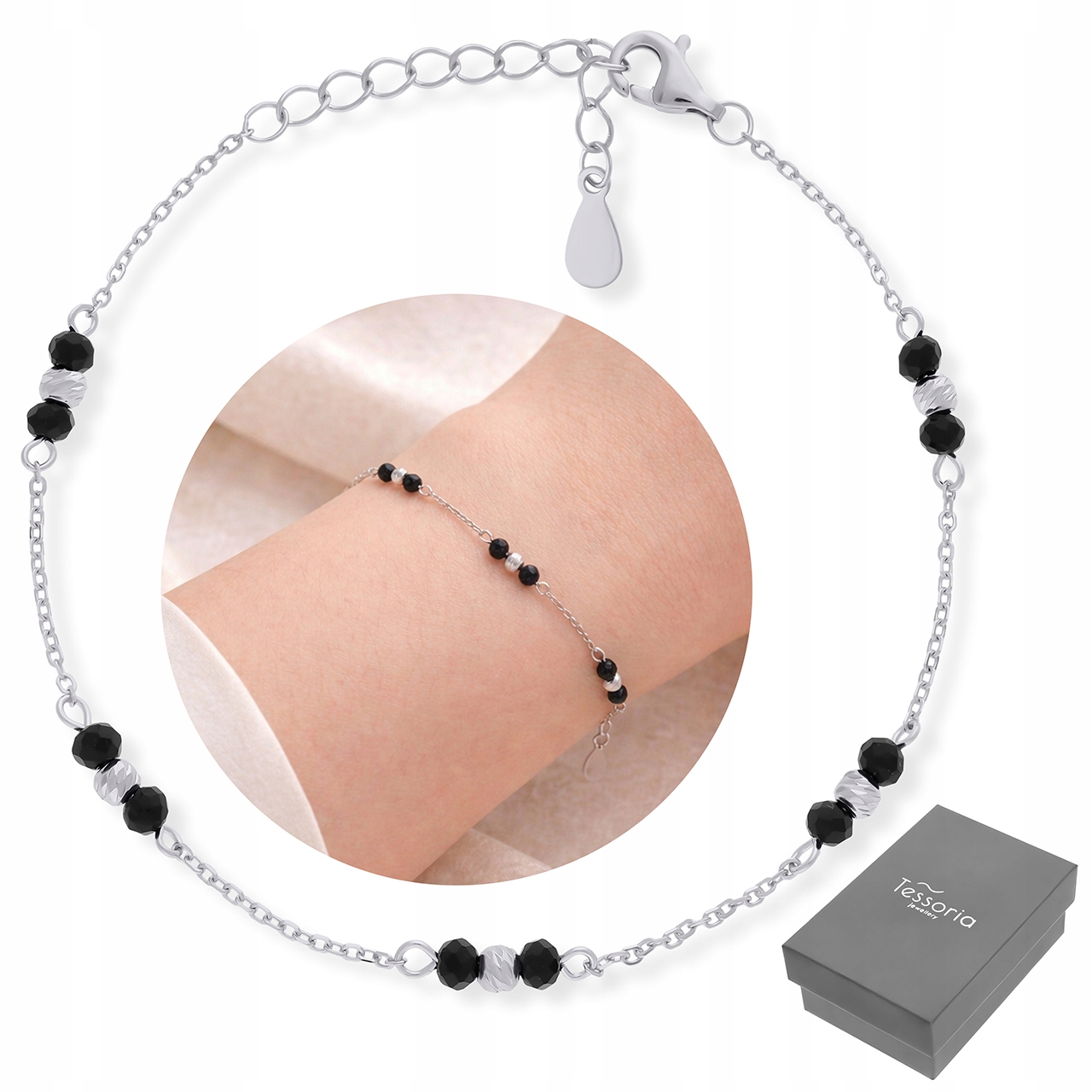 Bransoletka Srebrna 925 Rodowana Damska Czarne Cyrkonie Regulowana 17-20 cm