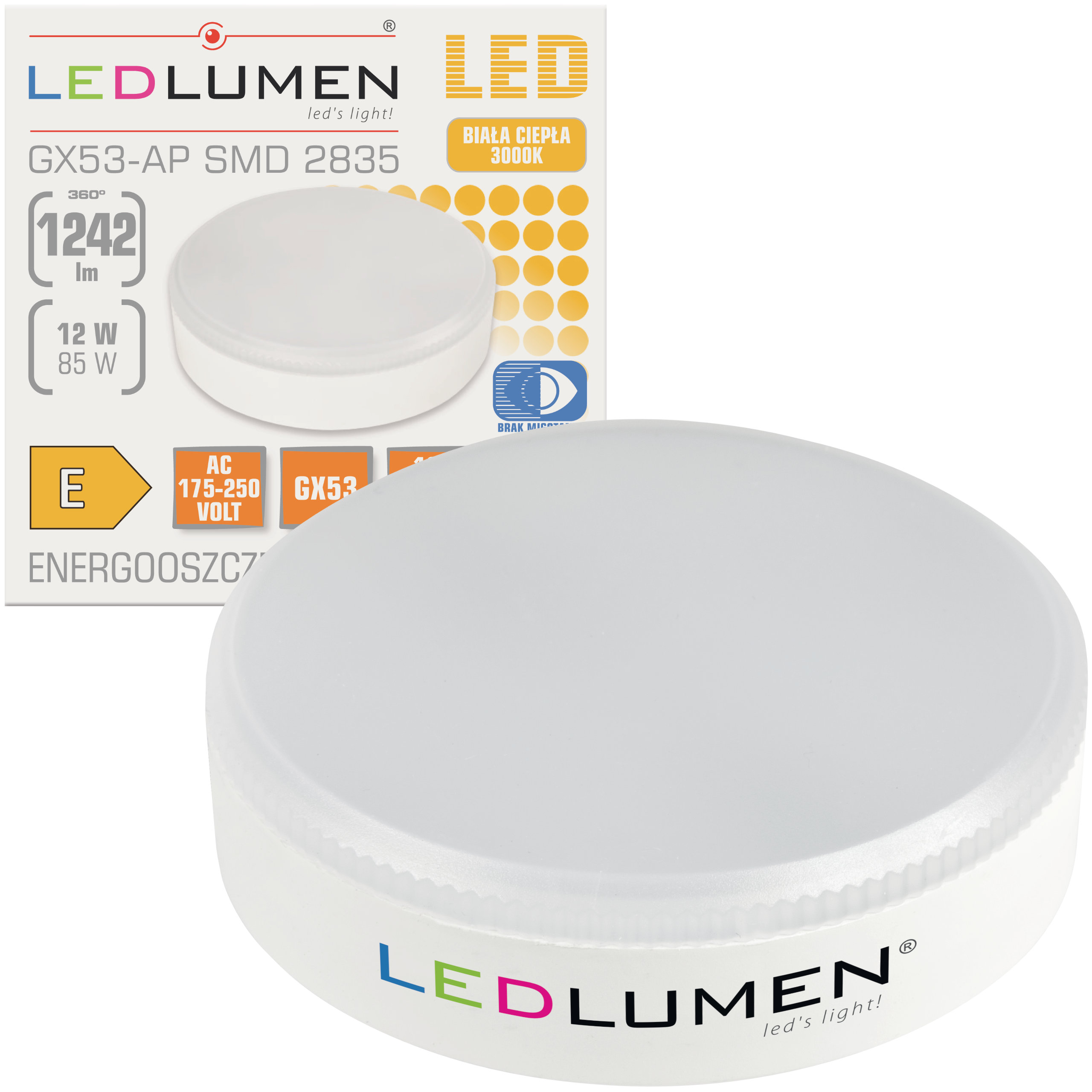 

Żarówka Led GX53 12W=85W Smd 1242lm CCD Ledlumen