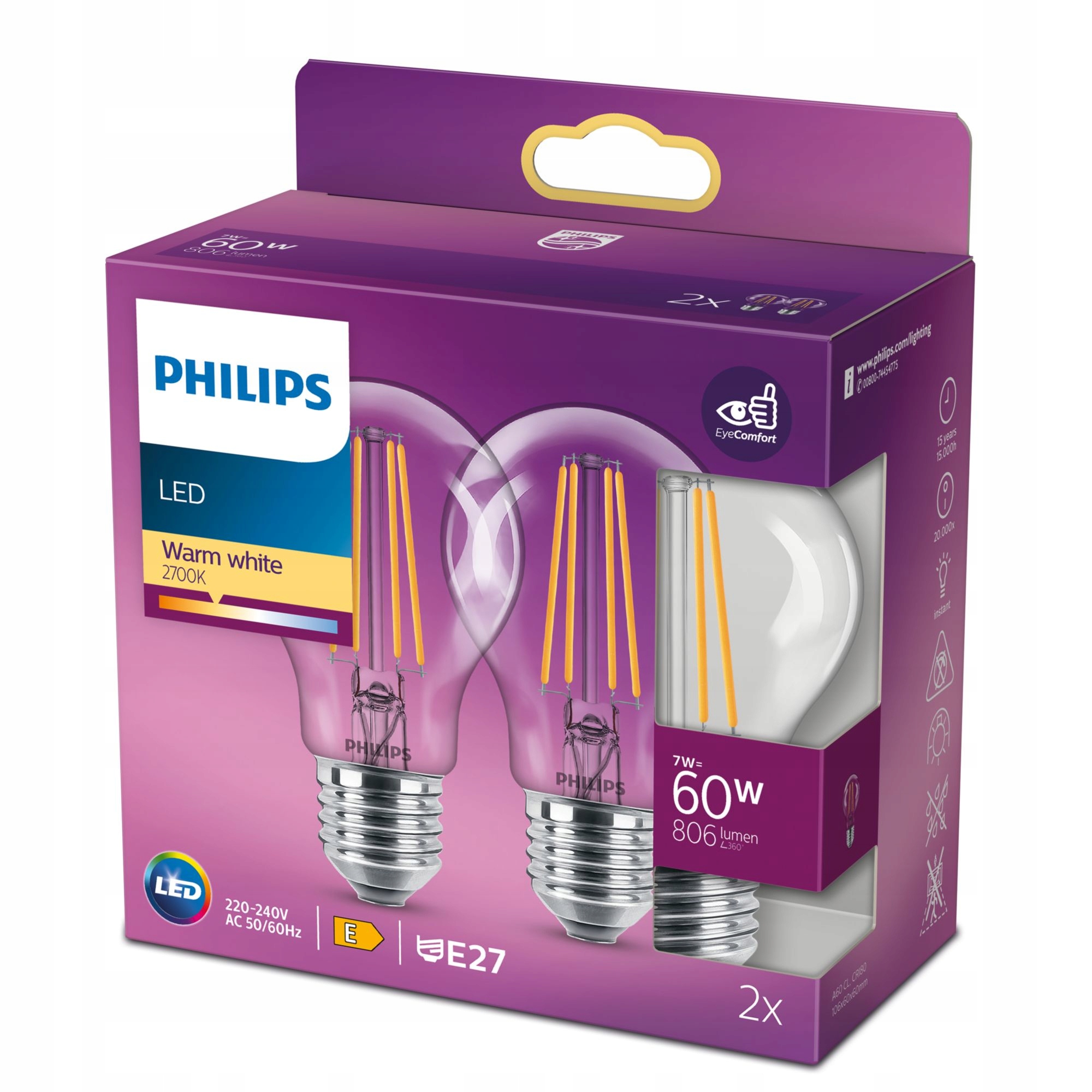 Żarówka LED E27 PHILIPS 60W 806lm 2700K 2szt