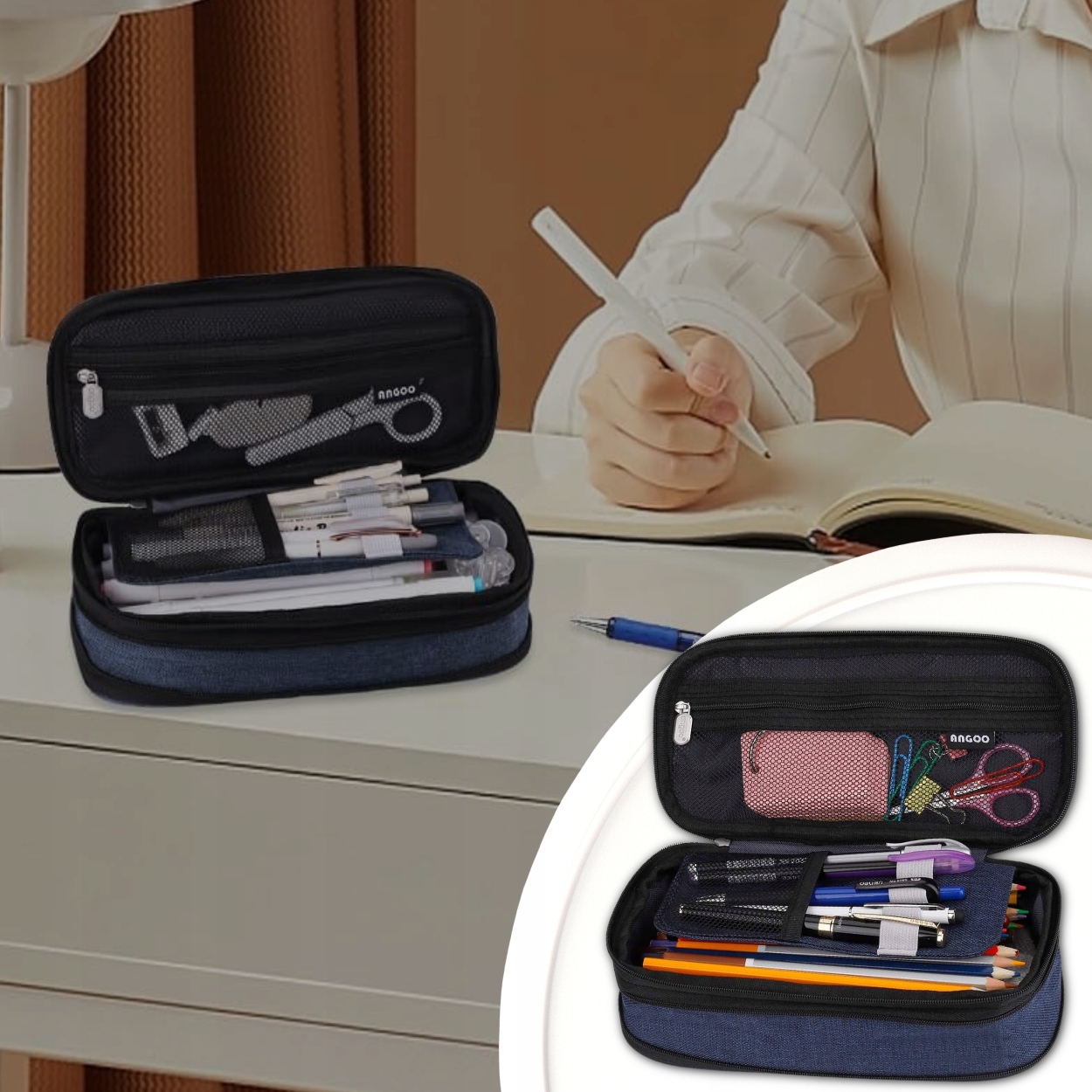 PIÓRNIK SZKOLNY DO SZKOŁY GRANATOWY DO PLECAKA TORNISTER 3W1 22cm ORGANIZER Kolor granatowy