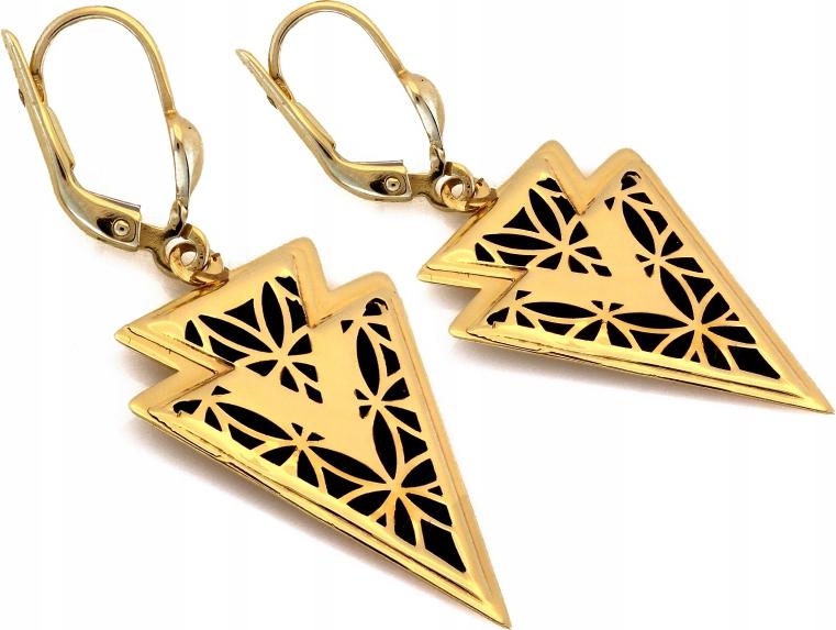 Náušnice zlaté 585 se závěsnými trojúhelníky a černým smaltem jako dárek 14k