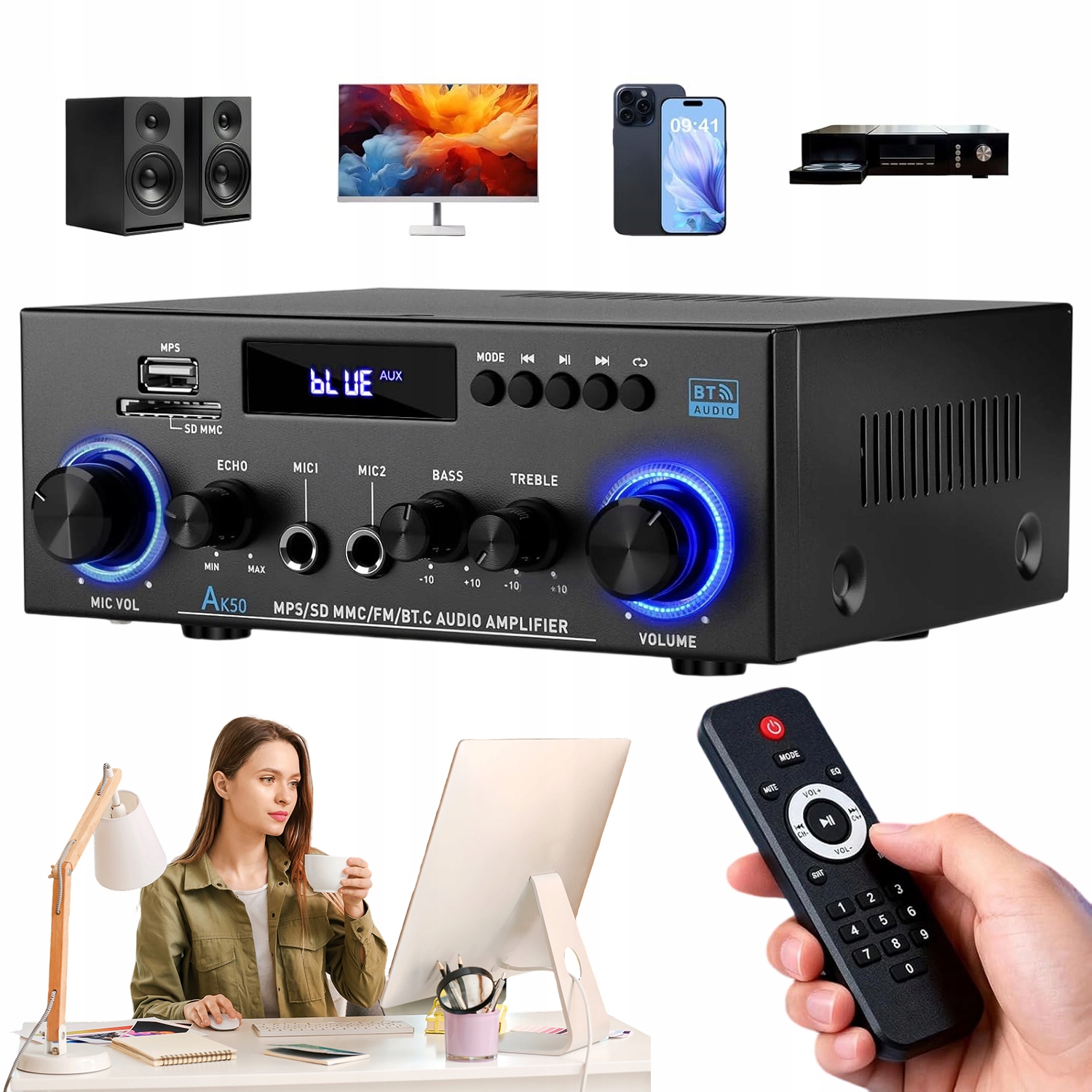 WZMACNIACZ AUDIO BLUETOOTH 5.0 WZMACNIACZ STEREO 800W Z PILOTEM