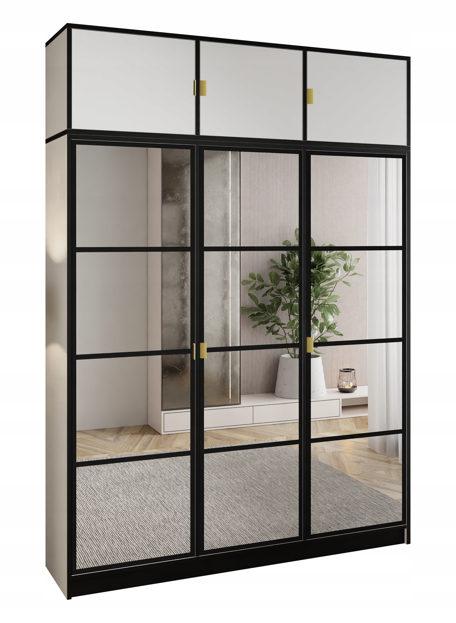 Skříň Lumi 157 3D Bílá se zrcadly Eden, zlatý úchyt s nástavcem