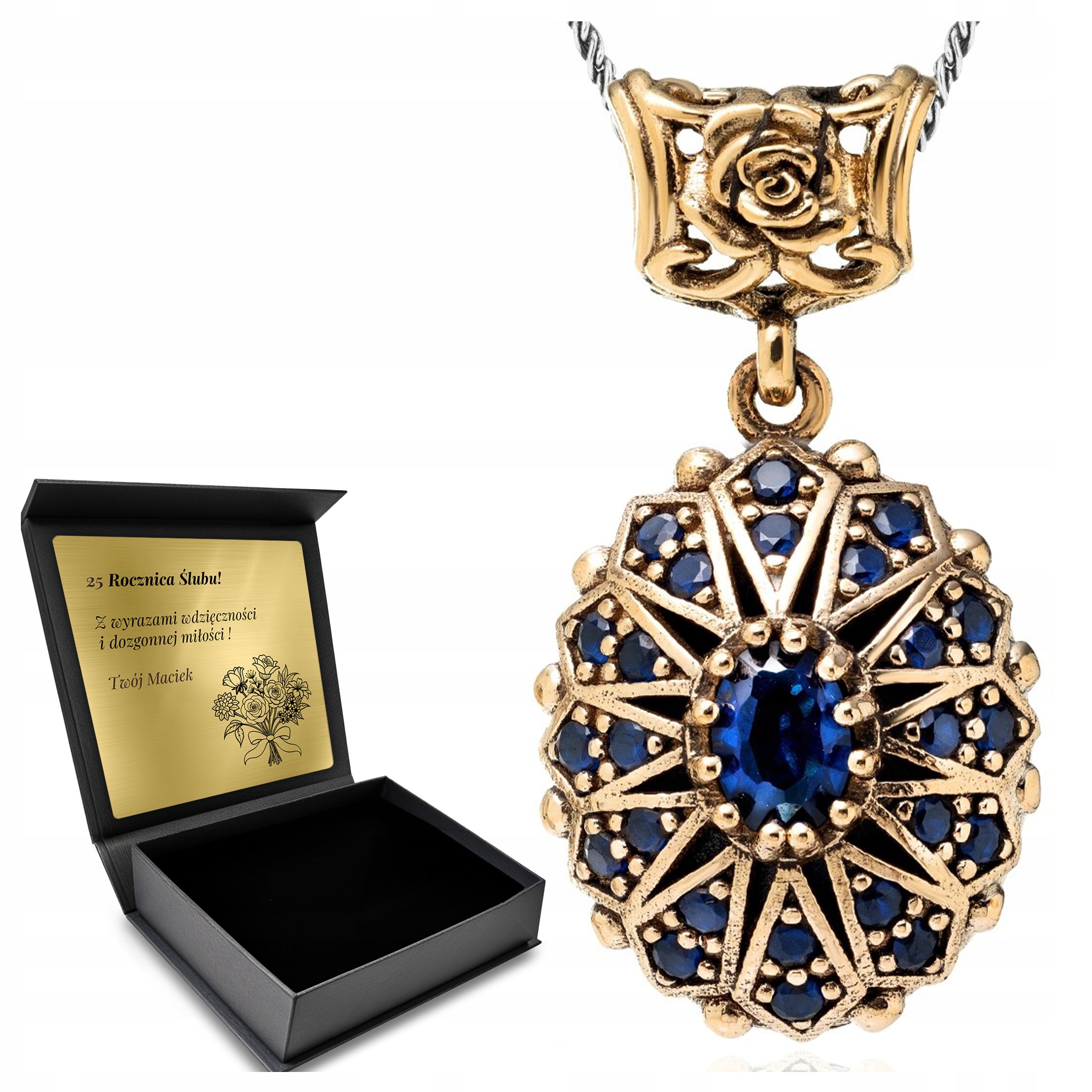 Stříbrný Náhrdelník Se Safírem A Zirkony Dárek pro ženu S Gravírováním