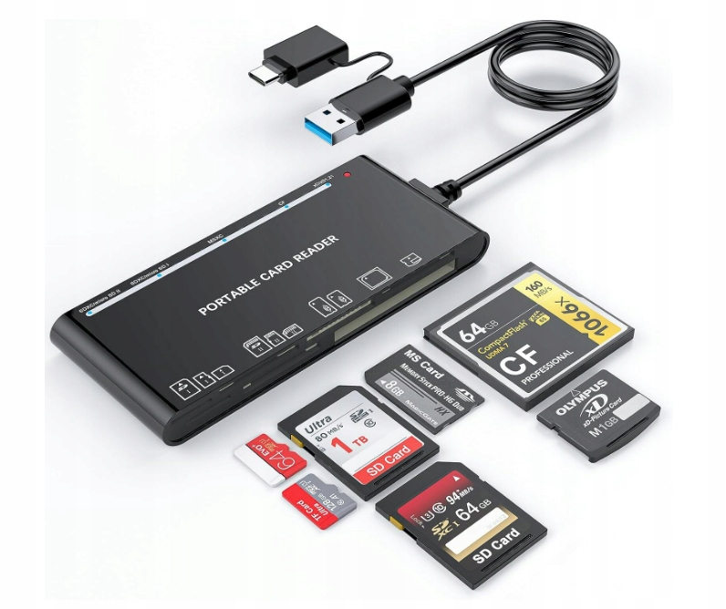 CZYTNIK KART PAMIĘCI ROCKETEK 7W1 USB C USB 3.0 SD CF TF MS,Micro SD, XD