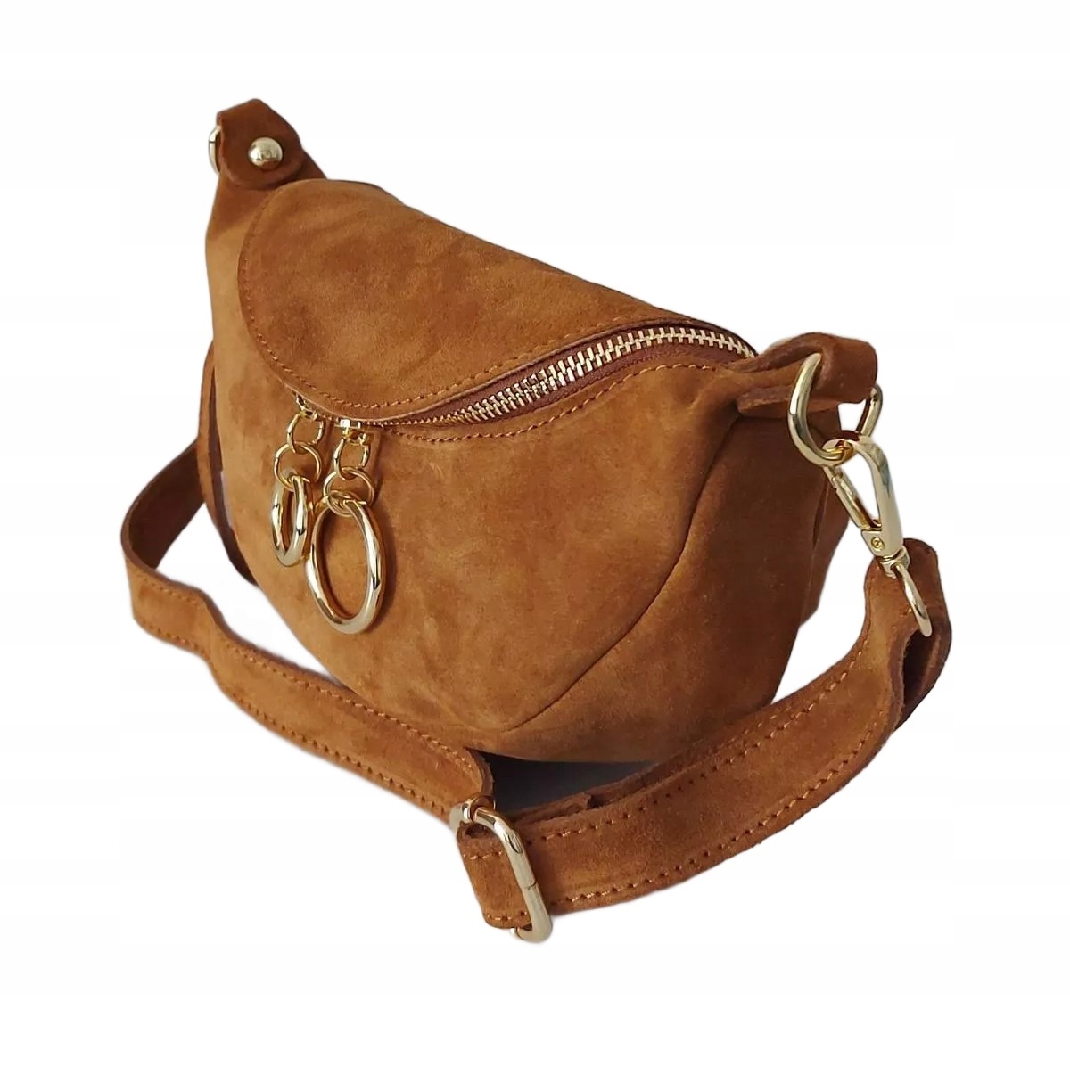 Měkká Semišová Kožená Kabelka Přes Rameno Ledvinka Zlaté Kování Kolečka Camel