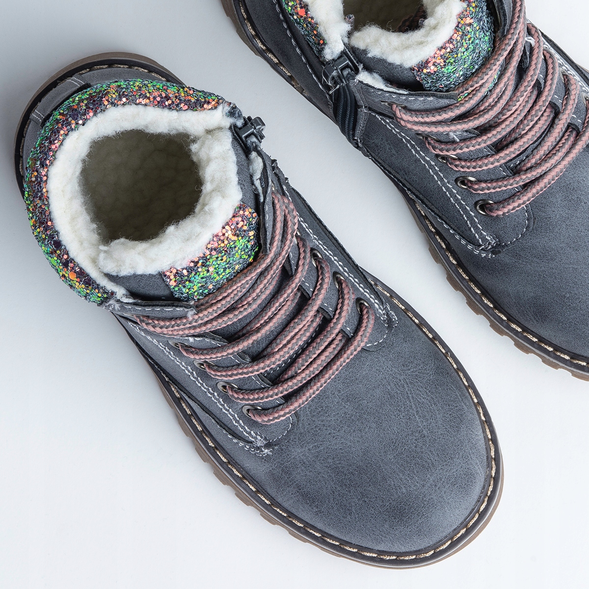 Trzewiki trapery OCIEPLANE dziewczęce SUWAK urocze brokat BIEŻNIK Wojtyłko Kolor szary