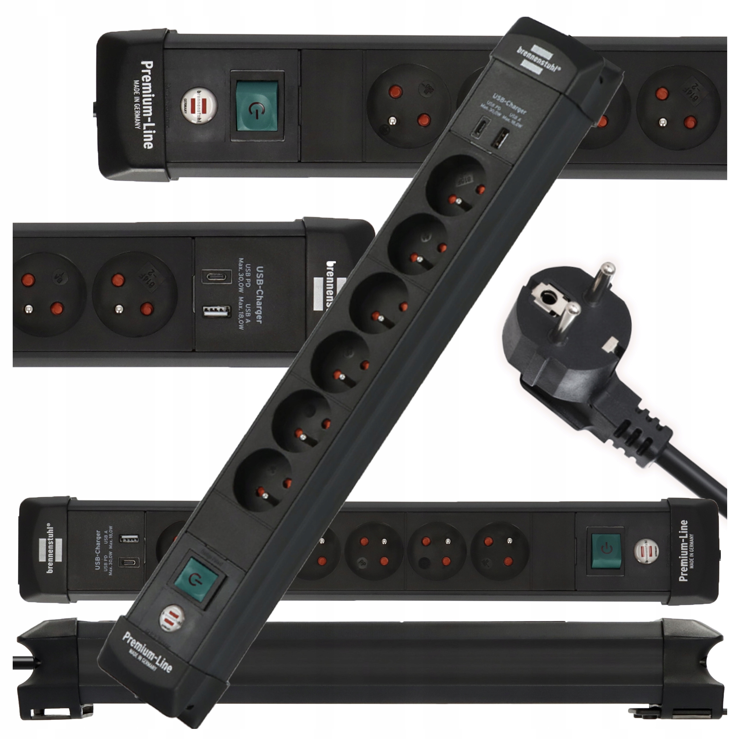 Prodlužovací kabel Zásuvková Lišta 6Gn 1,8 m Černá Usb-c/a Rychlé nabíjení 30 W