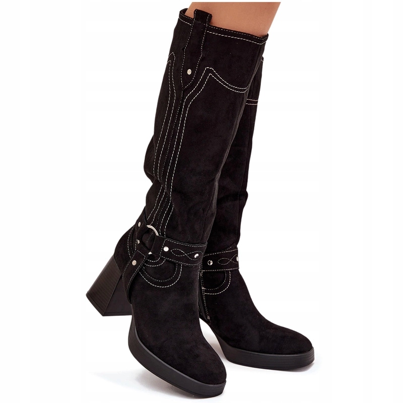 Dámské Zateplené Kozačky Na Zip S Eko Semišovým Prošíváním, Černé, Velikost 39