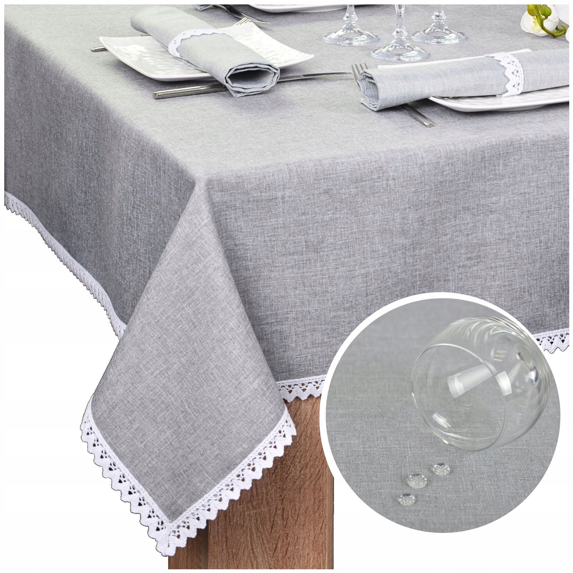 Obrus Na Stół z Koronką Malaga 260x140 Obrus Szary Plamoodporny