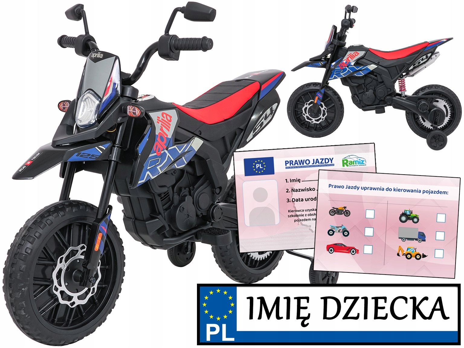motor na akumulator dla dzieci Aprilia Rx boczne kółka Motorek Crossowy