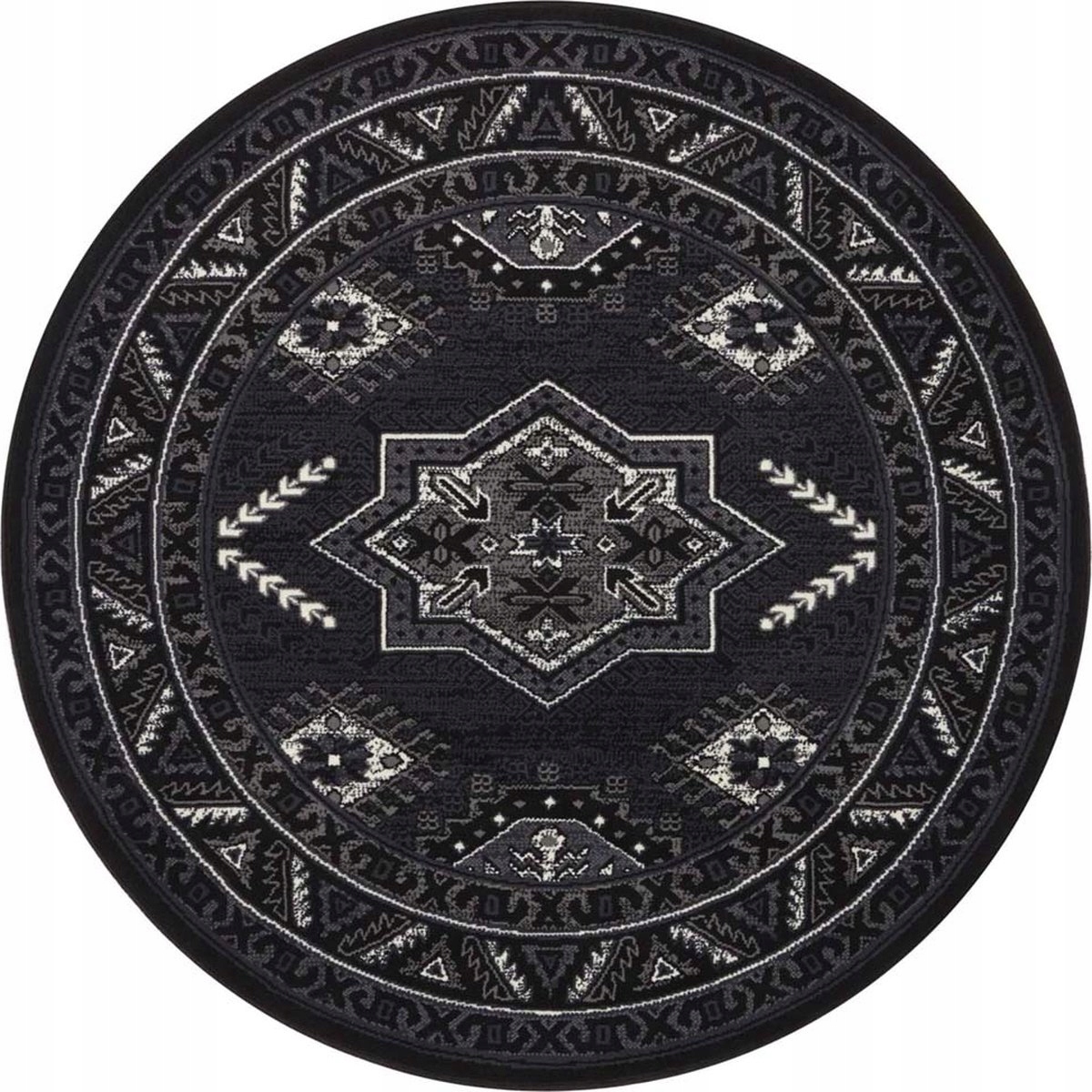 Černý kulatý koberec, orintální vzor do obývacího pokoje s měkkým vlasem 160 cm