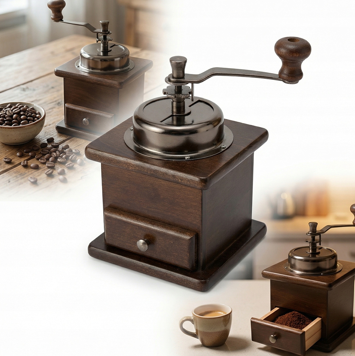 Ruční Mlýnek Na Kávu Klasický, Koření, Pepř Retro S Nastavitelnou Zásuvkou