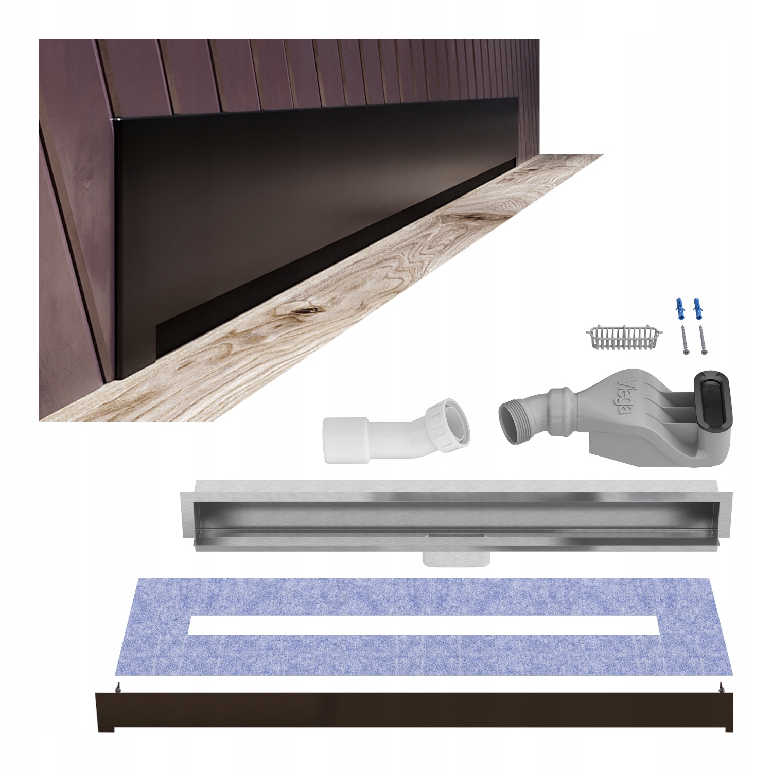 Nástenný lineárny odtok 80 cm, čierny sifón Viega Wall Waterway