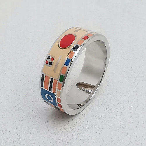 Stříbrný snubní prsten s geometrickými vzory a smaltem