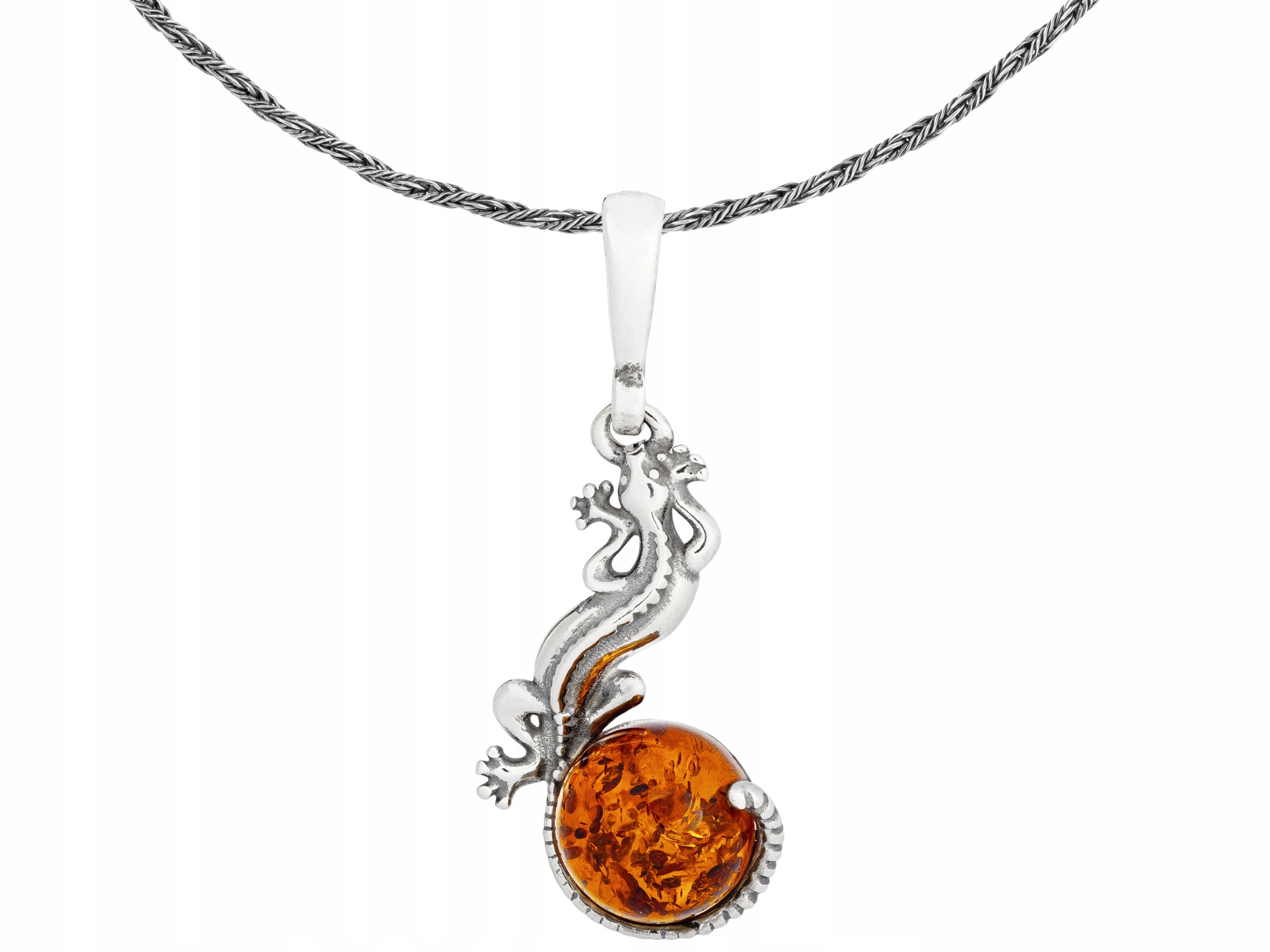 Stříbrný oxidovaný dámský náhrdelník s jantarem a ještěrkou, jantar 70 cm