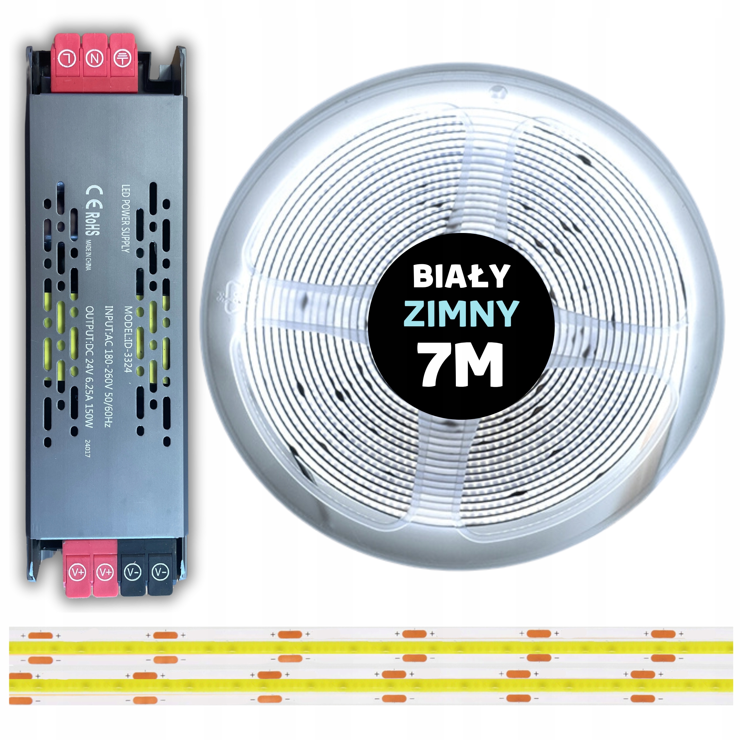 Set 7M Led Cob pásik 480 diód 6000K studená biela 24V 10W s napájacím zdrojom
