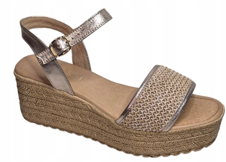 Nessi 24628 Sandály na podpatku Zlatá lico kůže/pletenina vel.