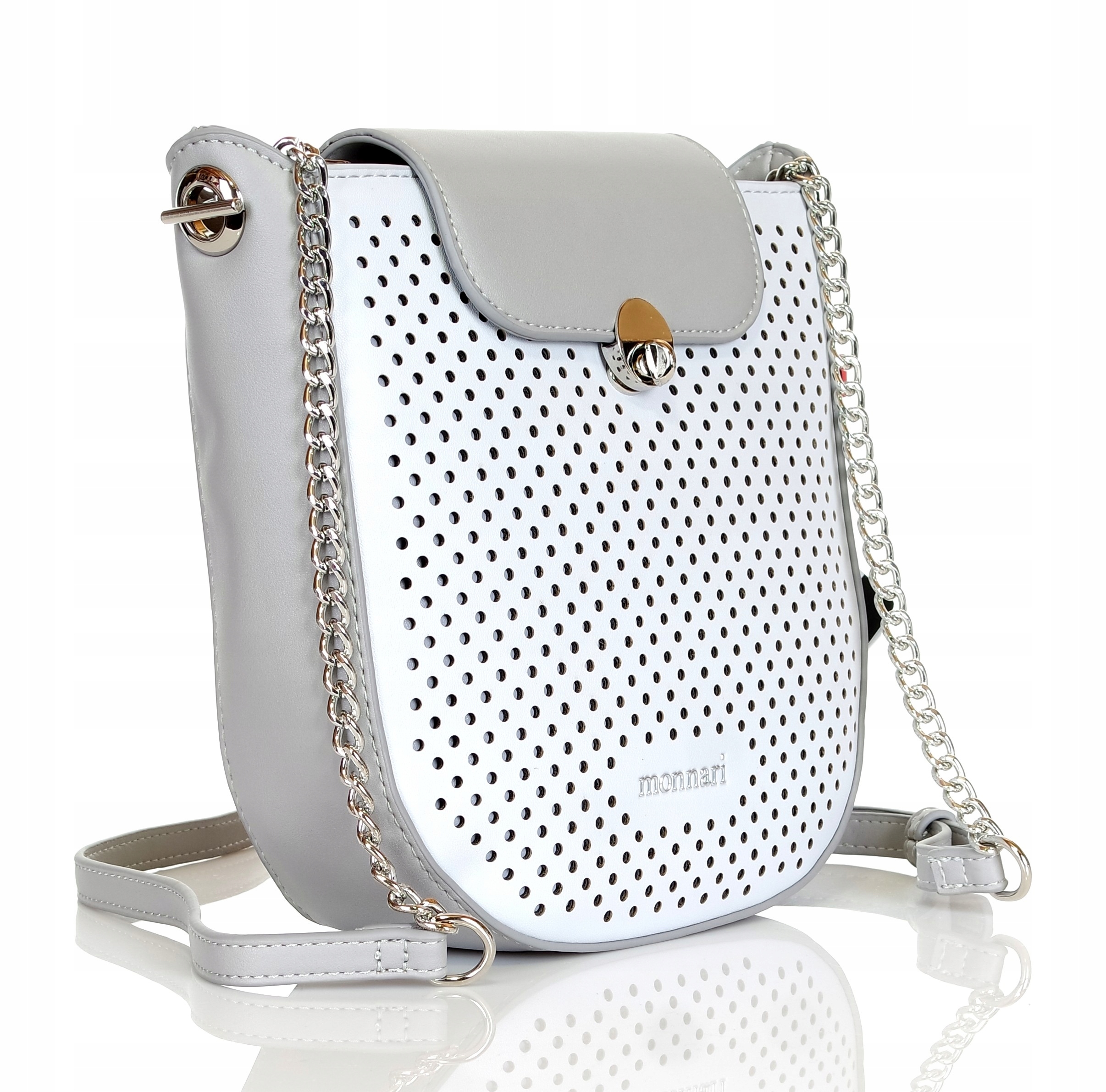 Monnari Efektowna szara listonoszka Ażurowa Pasek z łańcuszkiem