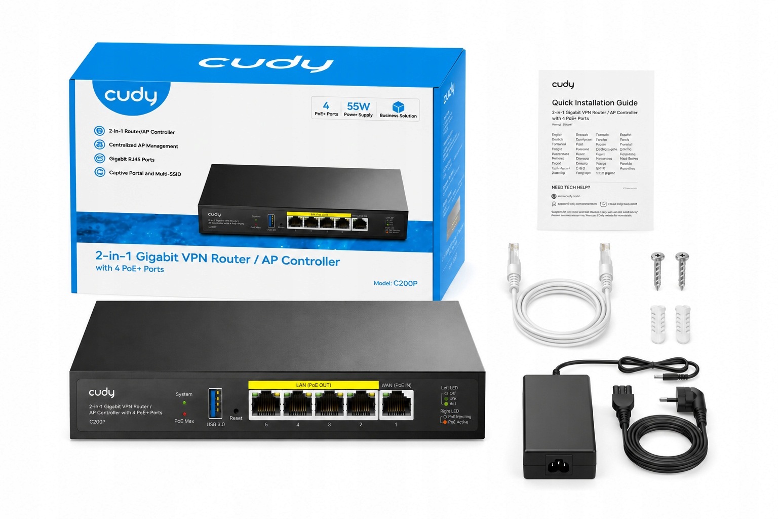 Cudy C200P router Gigabit Ap s PoE+ 30W 4xLAN 802.3at/af Usb 3.0
