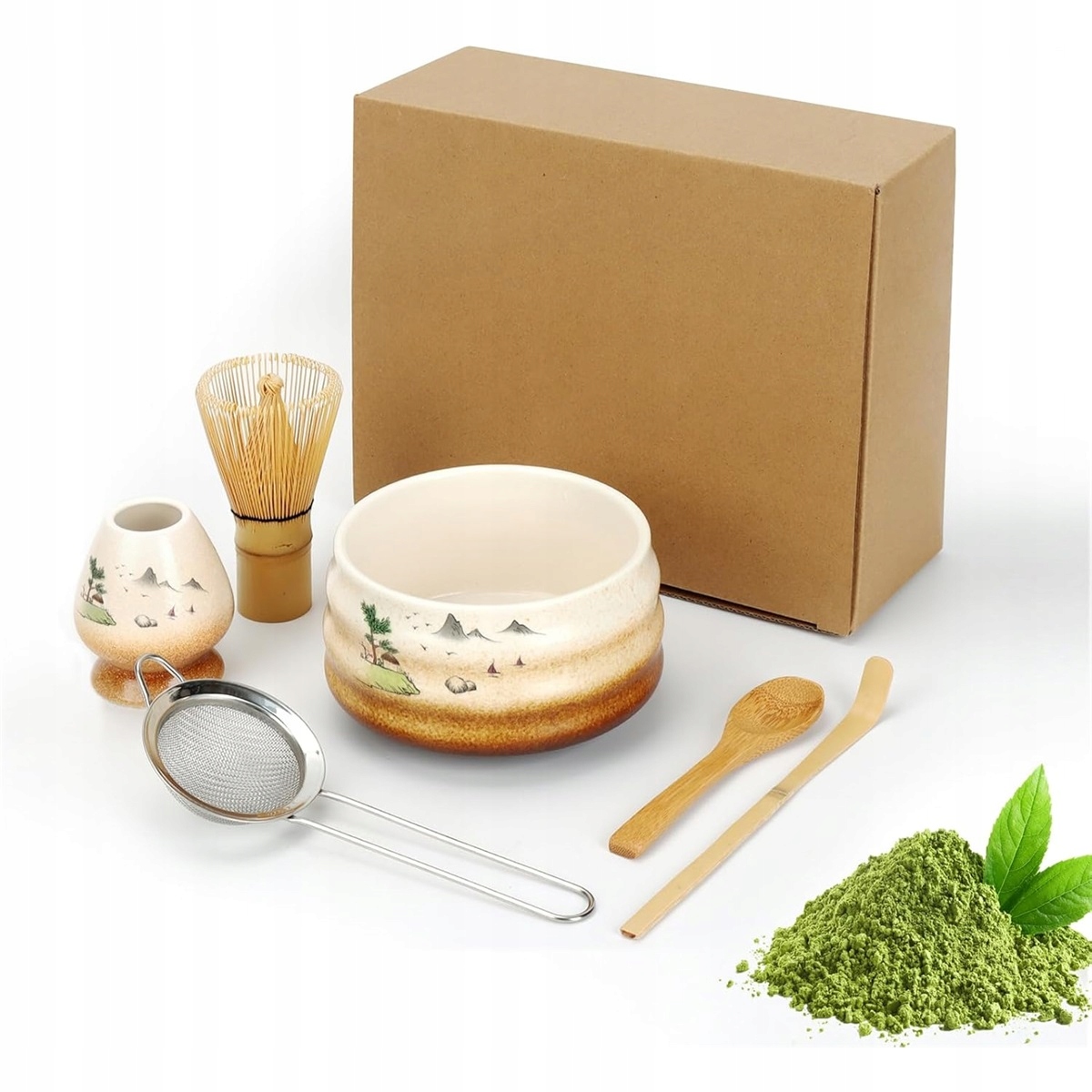 Sada na matcha z bílé keramiky s bambusovou metličkou a lžičkou