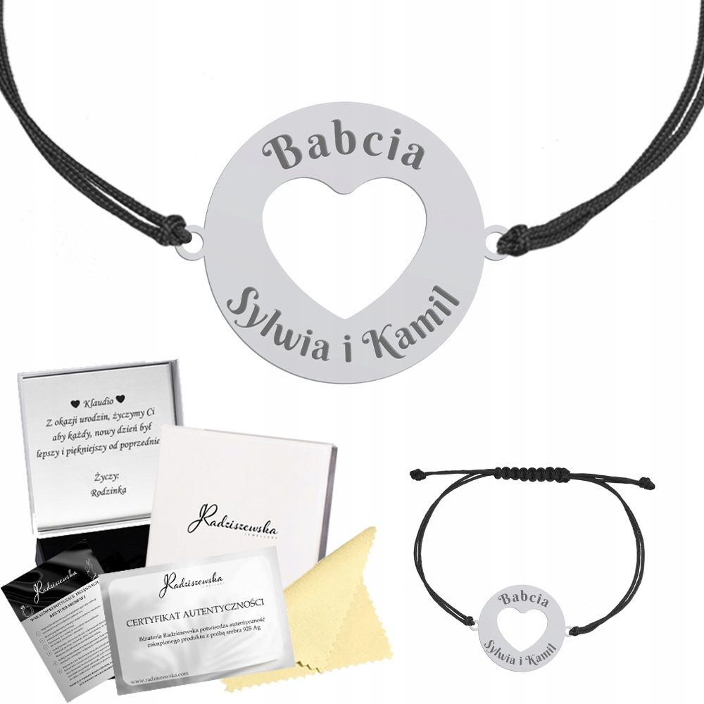 Stříbrný náramek pro babičku Srdce Jména vnoučat Stříbro Šňůrka Dárek