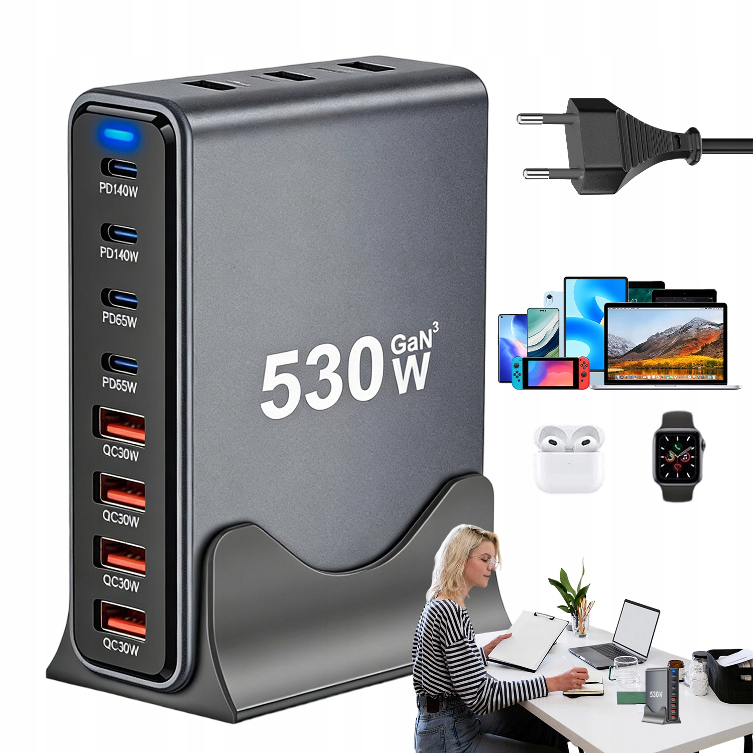 Ładowarka Wieloportowa 530W Nowoczesna Z Technologią Gan III I 8 Portami