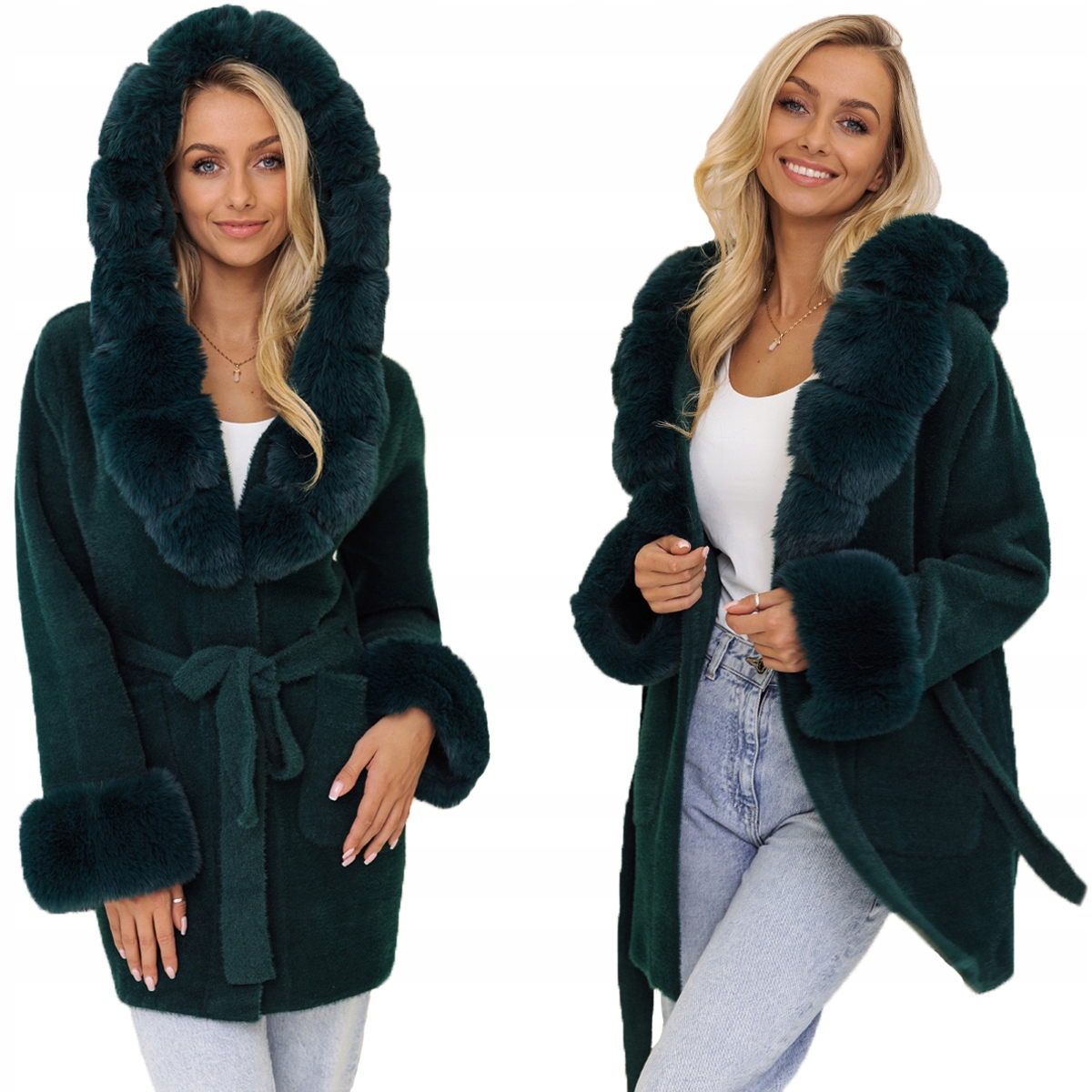 Měkká Alpaka S Kožíškem Kabát alpaka S Páskem Lahvově Zelená Barva