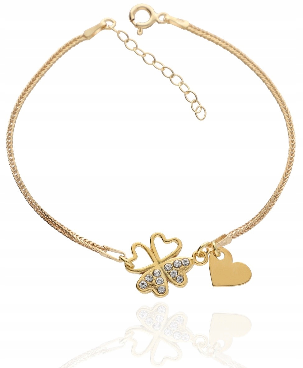 Zlatý náramek s jetelem čtyřlístek Srdce Gravírování Bonus Stříbro 925