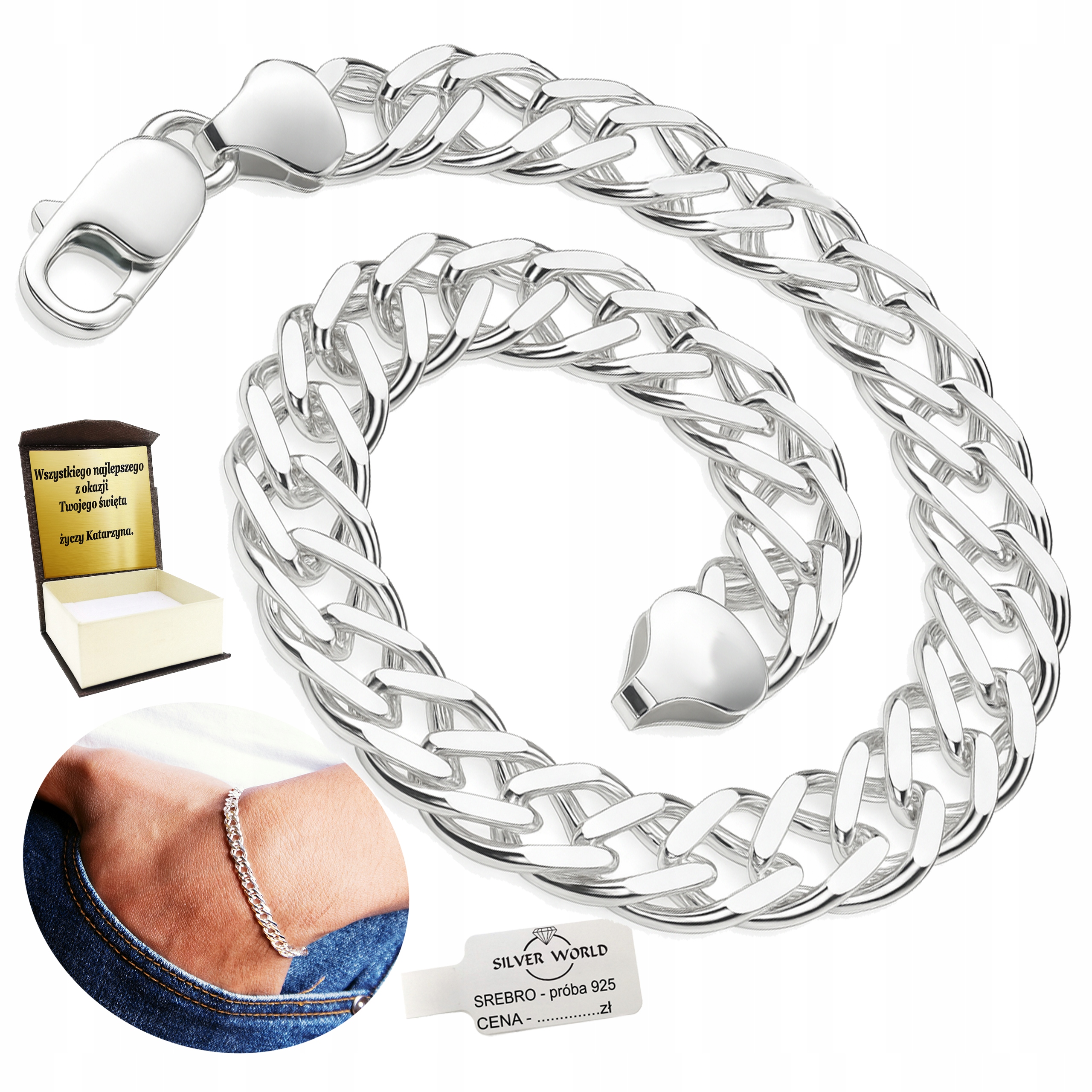BRANSOLETKA SREBRNA MĘSKA 925 NA PREZENT PEŁNA PANCERKA ROMBO ETUI + GRAWER