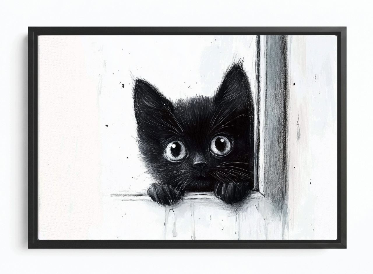 Obraz Rám Americký Box Grafika Černá Kočka Kotě Okno Zvědavost 60x40