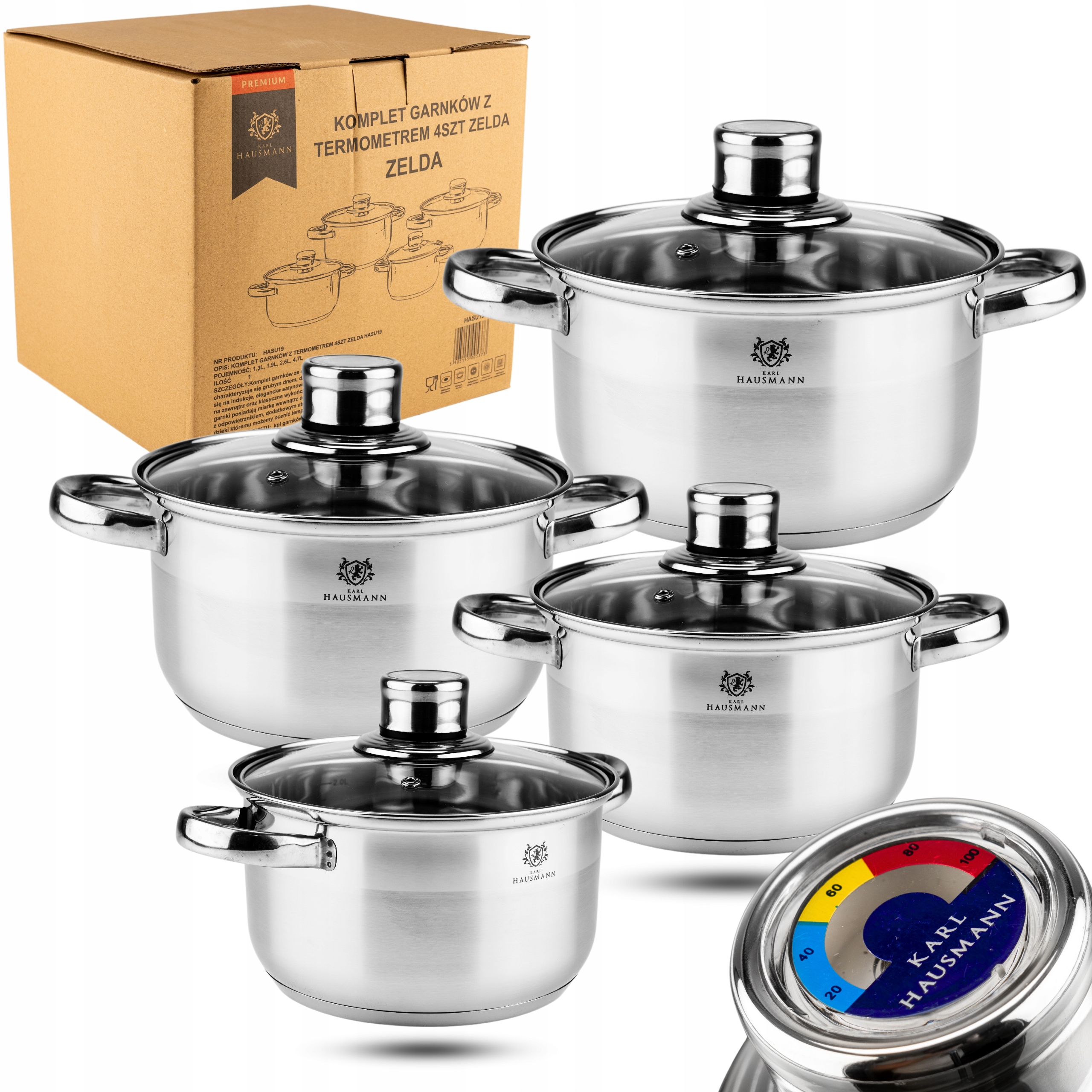 Kompletní Sada Hrnců S Teploměrem Indukce Plyn 8 ks Zelda Ocel 18/0