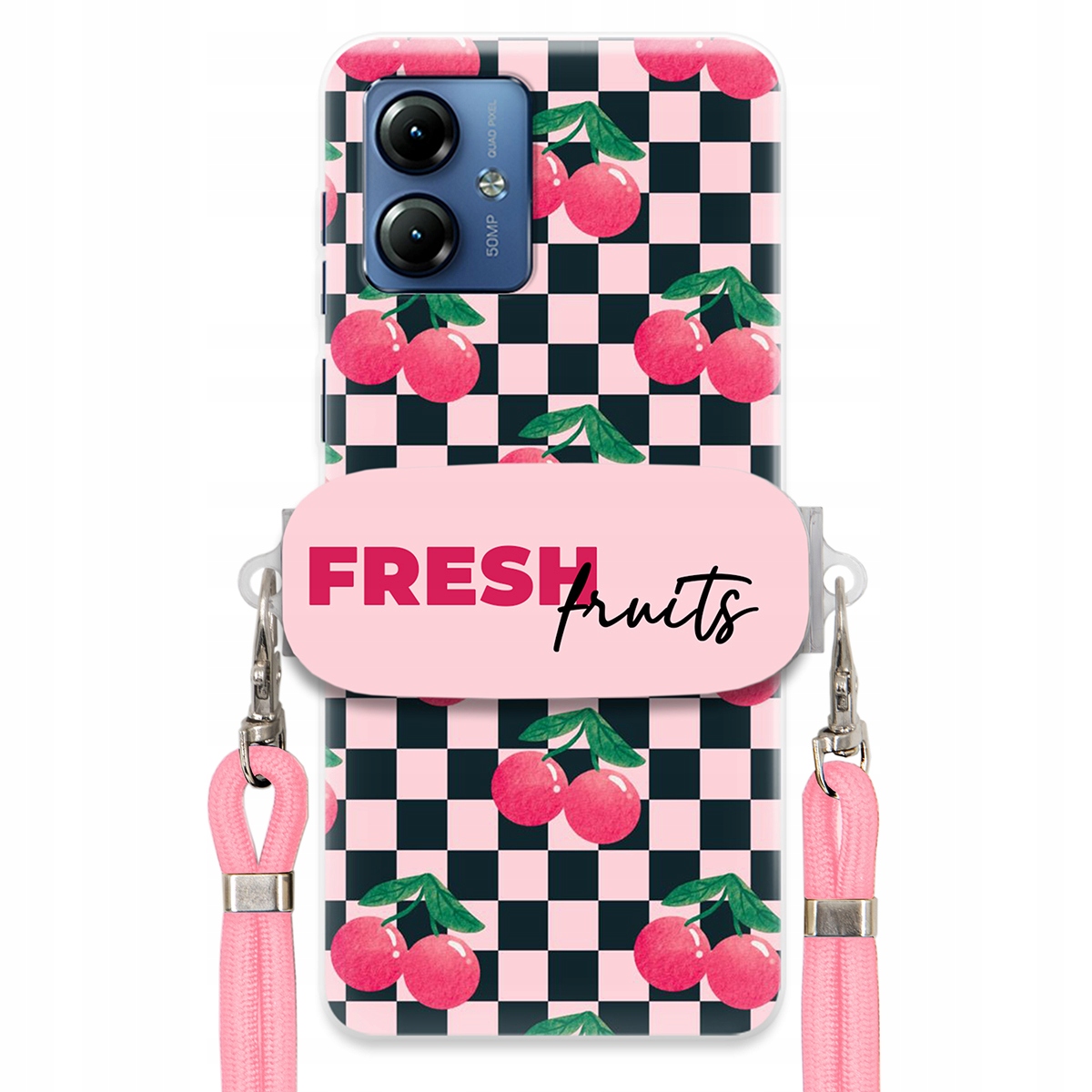 Puzdro pre Motorola G14 Vodítko Pink Crossbody Držiak Šachovnica Fresh Fruits