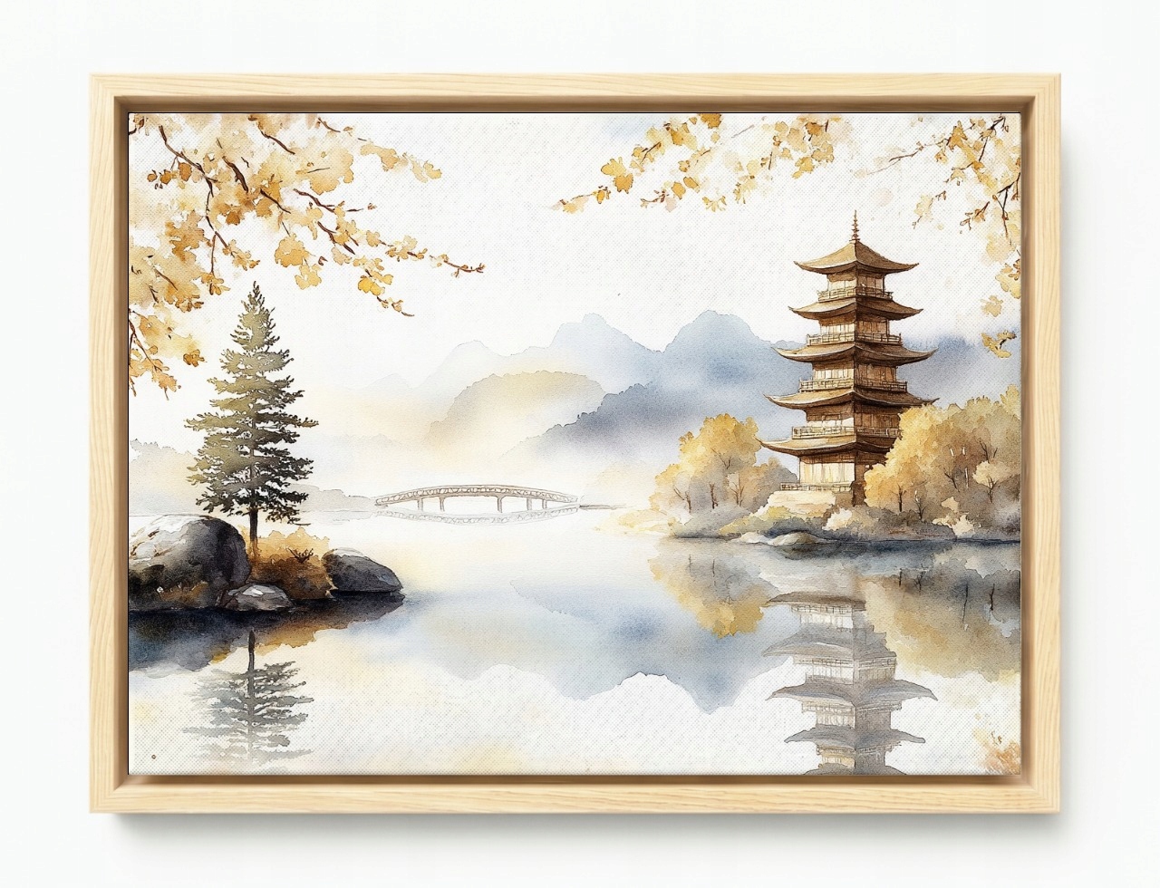 Obraz Rám Americký Box Asie Orientní Krajina Hory Pagoda Jezero Most 80x60