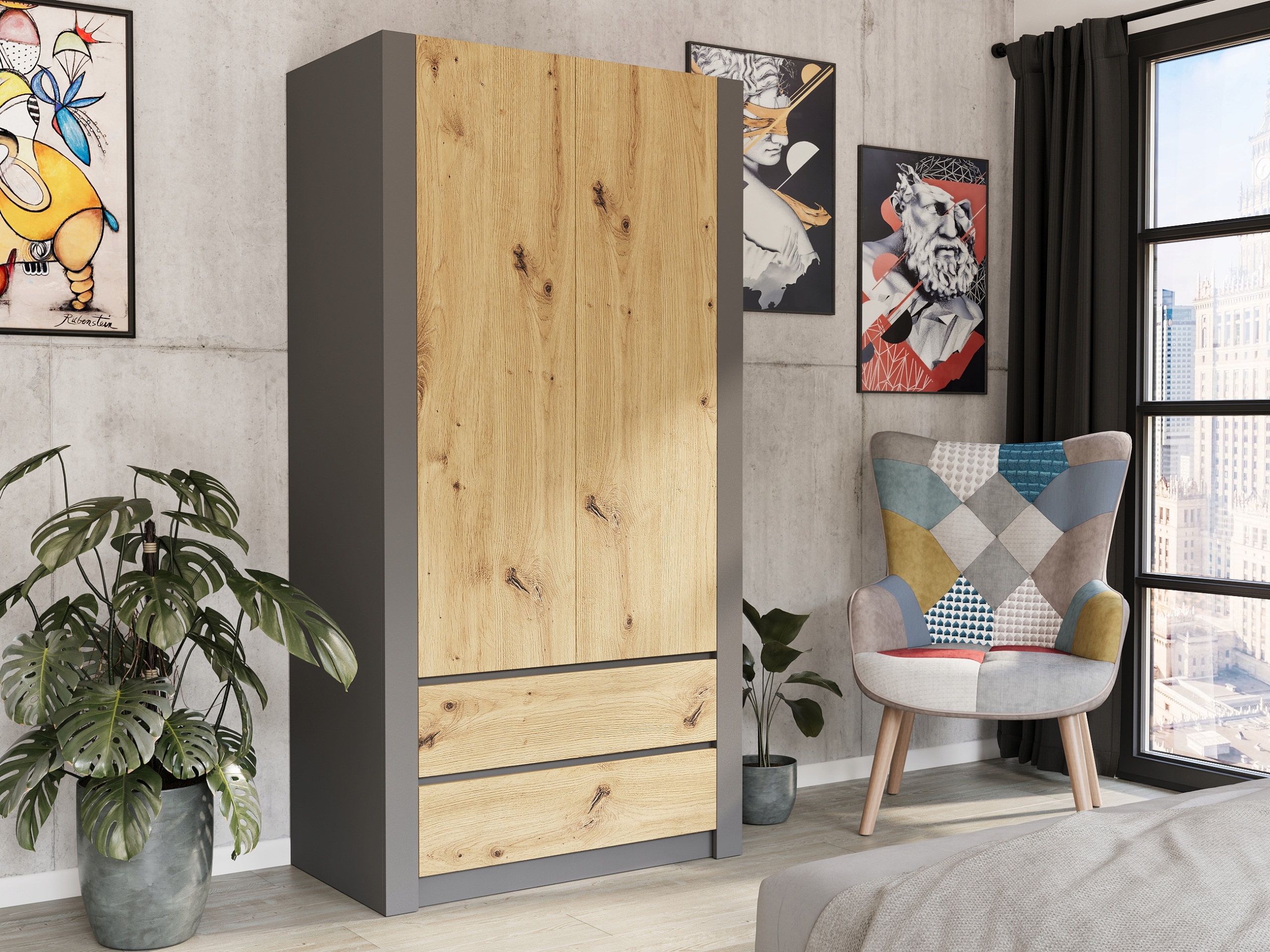 Szafa garderoba 90cm 2d 2sz antracyt mix artisan B-20