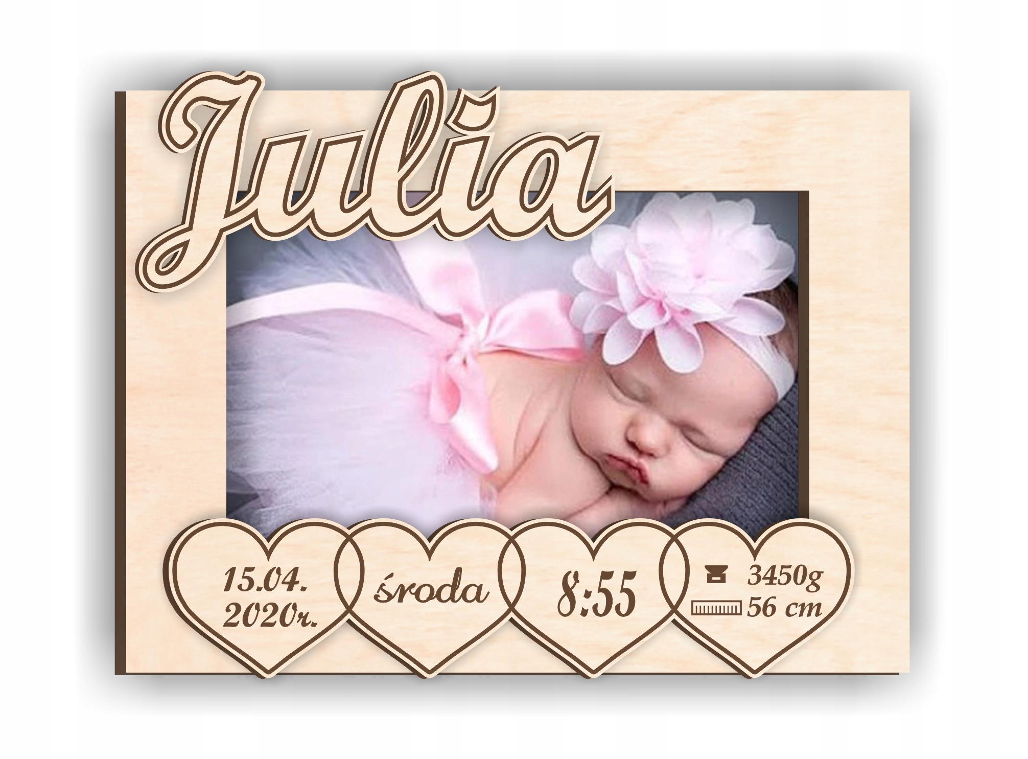 Drewniana ramka IMIĘ data prezent na Święta Julia