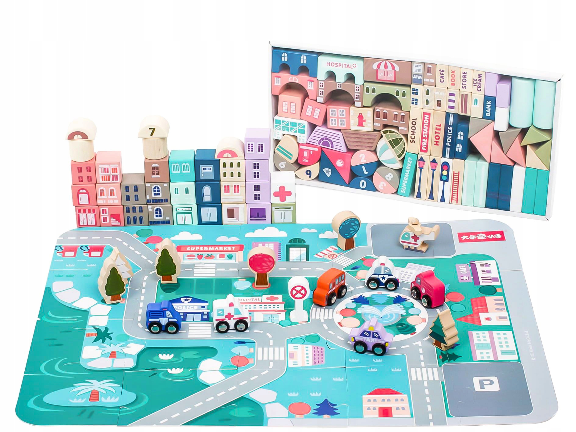 DREWNIANE KLOZKI DLA DZIECKA ZESTAW XXL BUDOWANIE MIASTA + MATA Z ULICAMI Liczba elementów 115