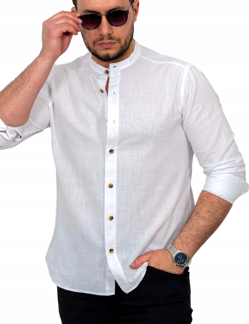 Pánská Lněná Košile Len Casual Stojáček Bílá L
