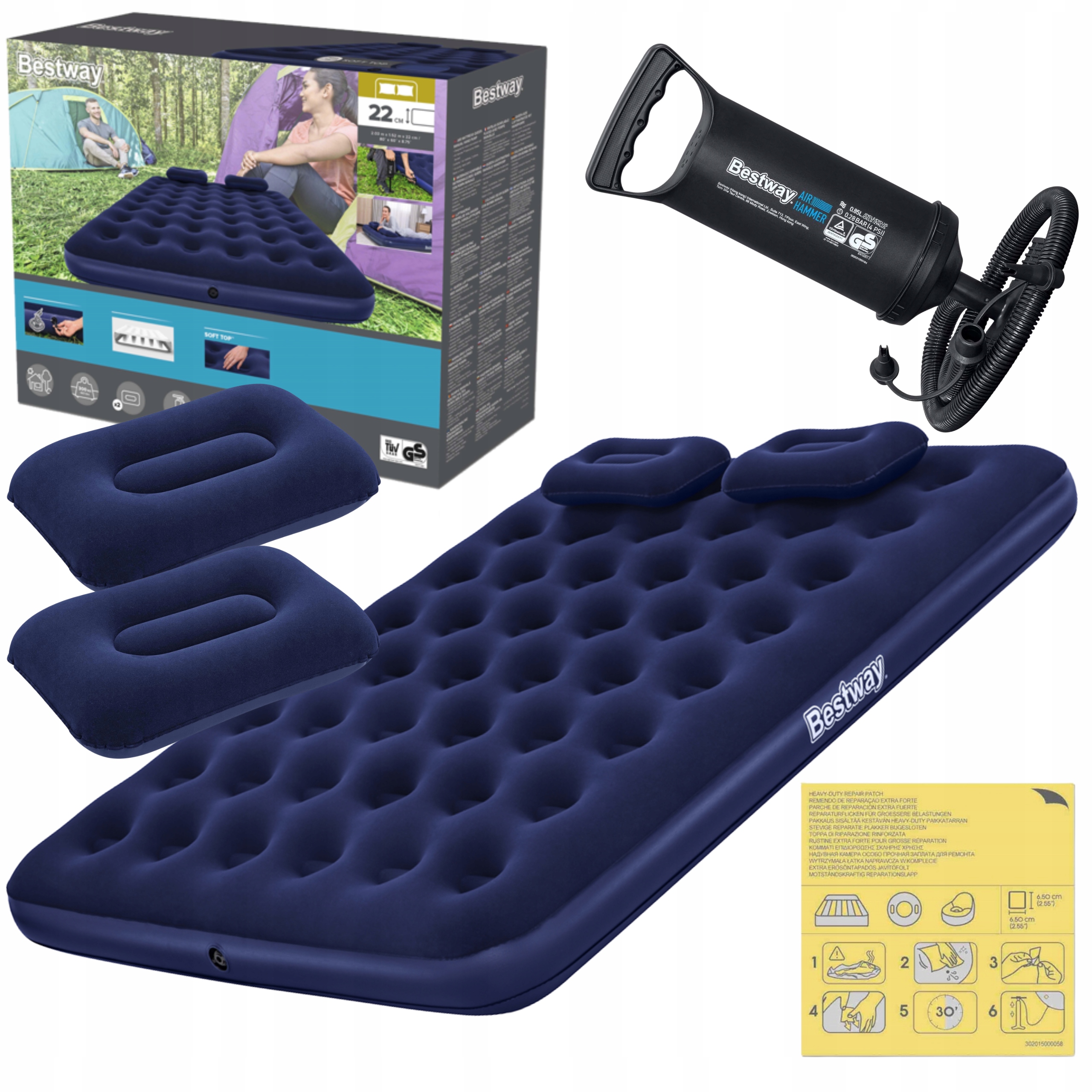 Materac Dmuchany Bestway 203x152cm Zestaw Pompka Poduszki Łóżko Dmuchane