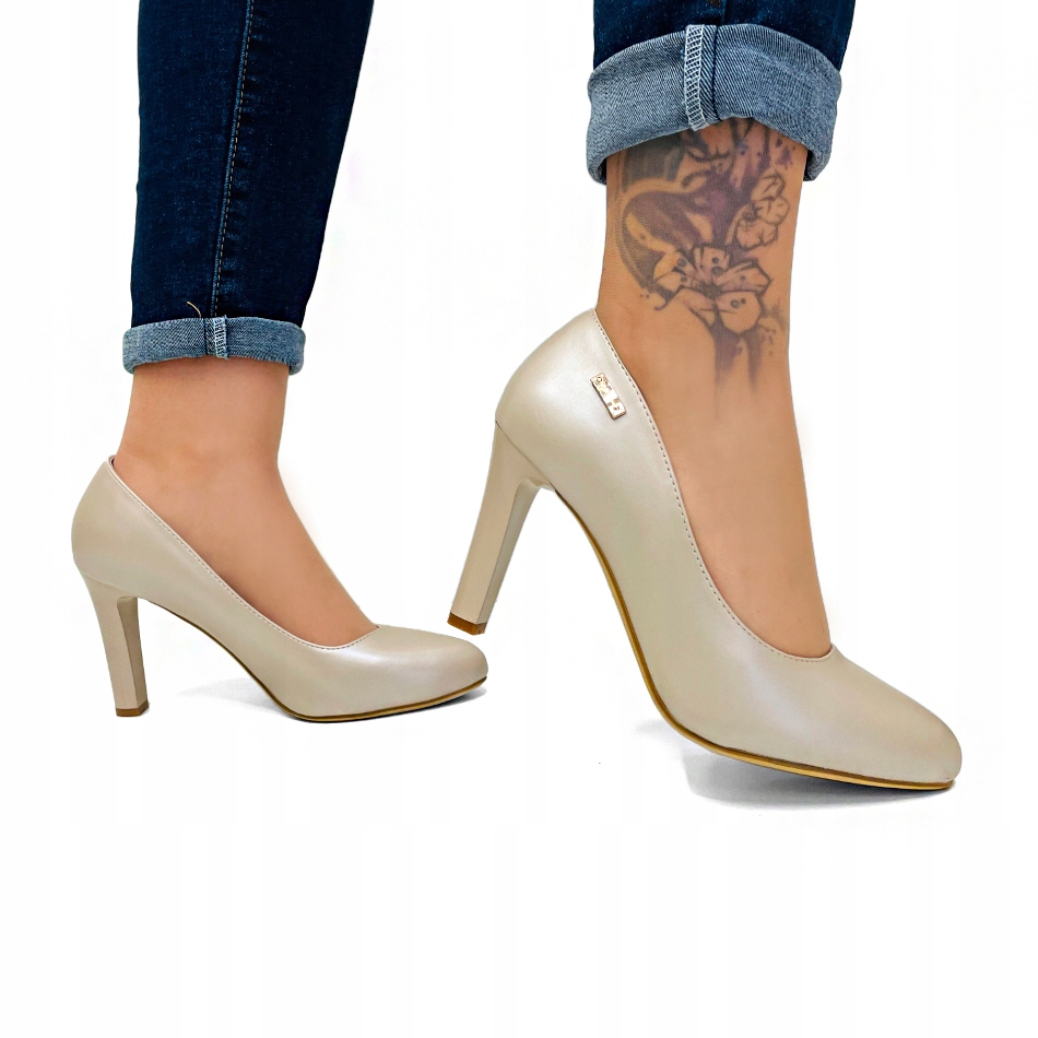 Béžové Perleťové Lodičky Na Stabilním Podpatku, Boty Na Podpatku, Kožená Vložka 37