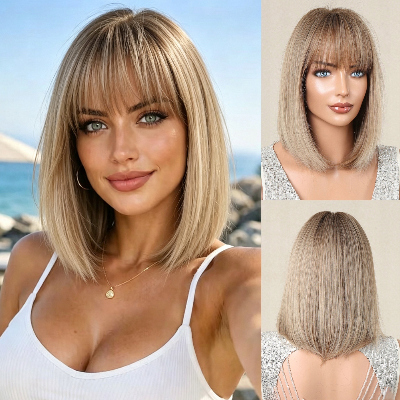 Dámská Paruka Bob Ombre Blond Přírodní Vlasy 35 cm s ofinou