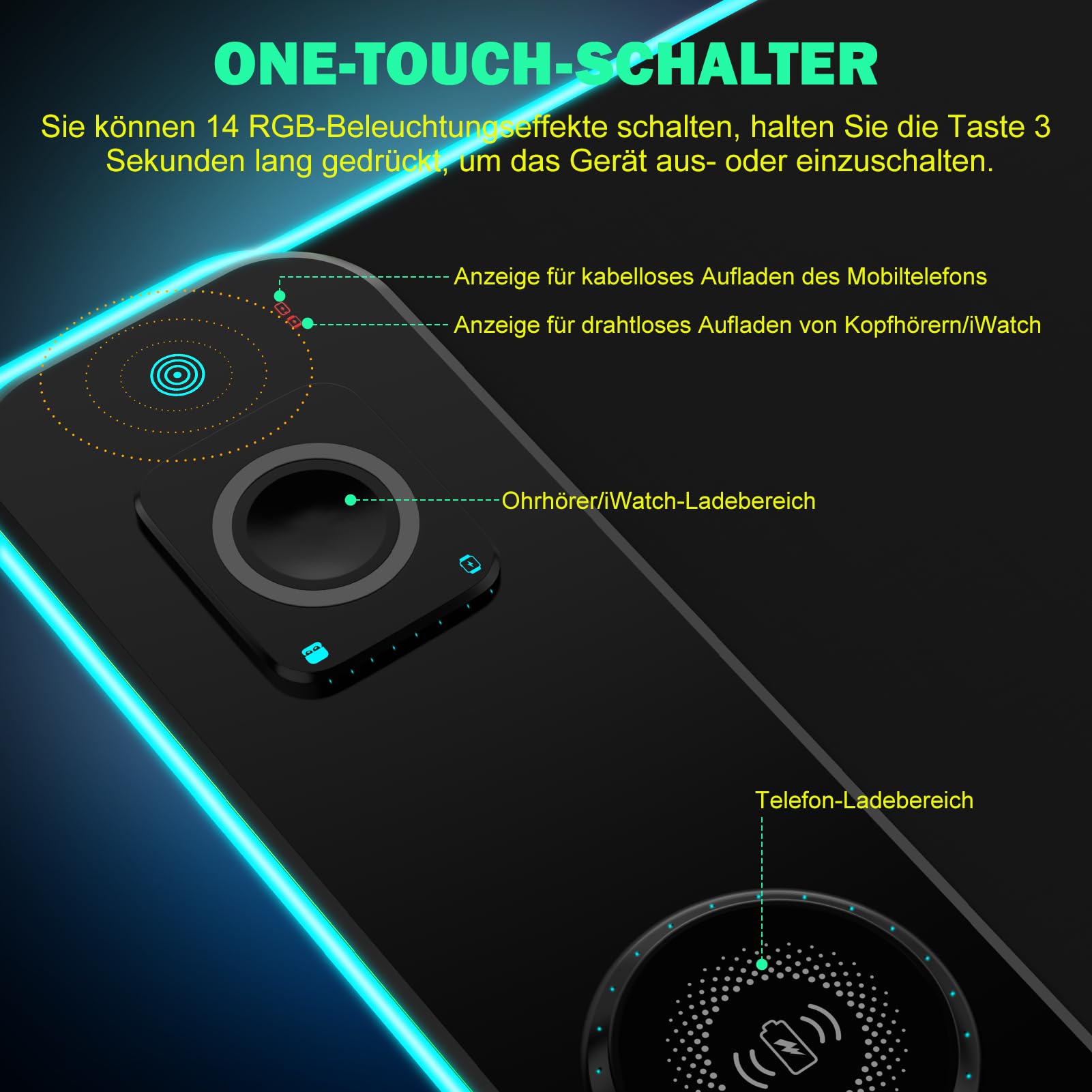 RGB GAMING Podkładka LED Qi 15W Bezprzewodowe Ładowanie — miniatura 5