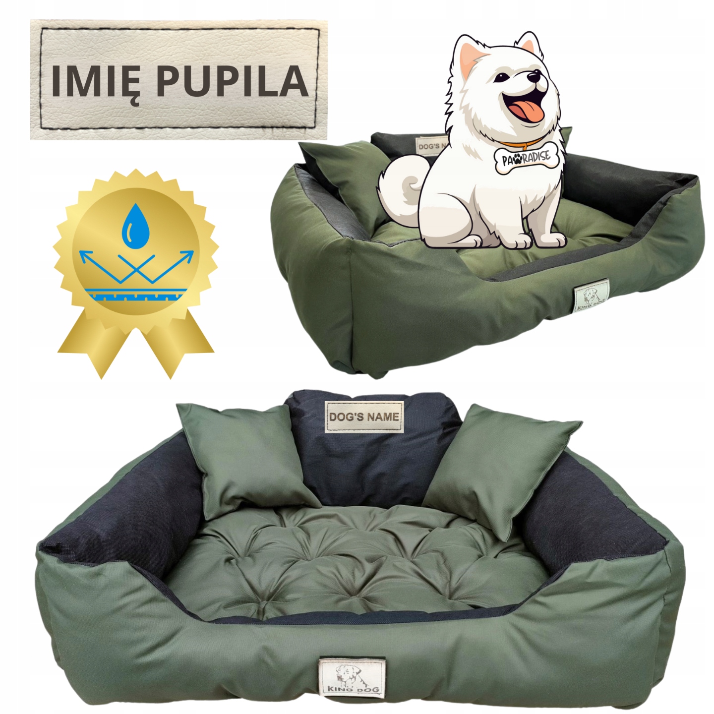 Levně pelíšek pro psa Kotec L se jménem Potah 100x75 cm Zelená Kingdog