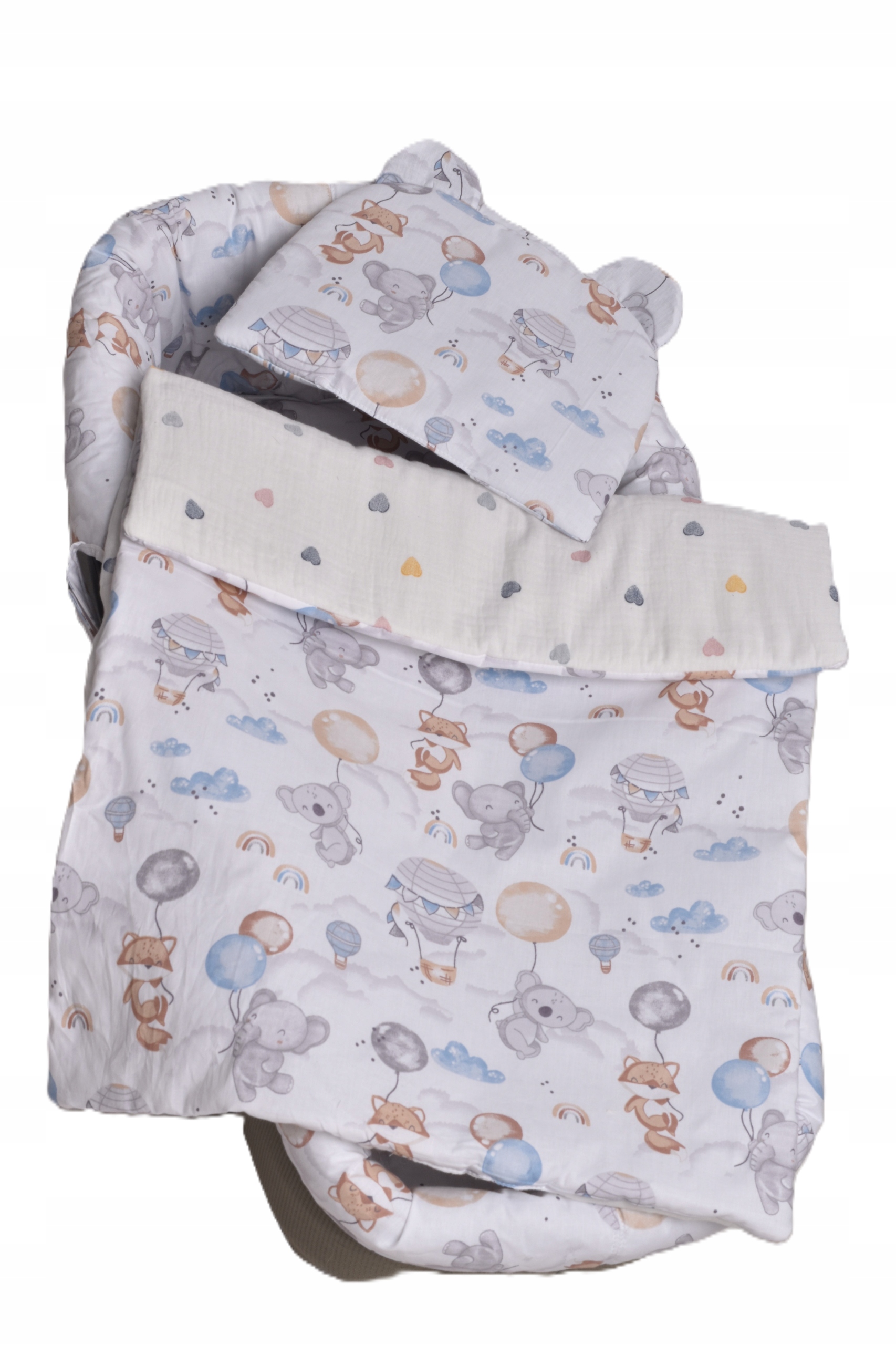 KOMPLET POŚCIELI Z WYPEŁNIENIEM DO GONDOLI WÓZKA KOŁYSKI BAWEŁNA+MUŚLIN Szerokość kołdry 50 cm