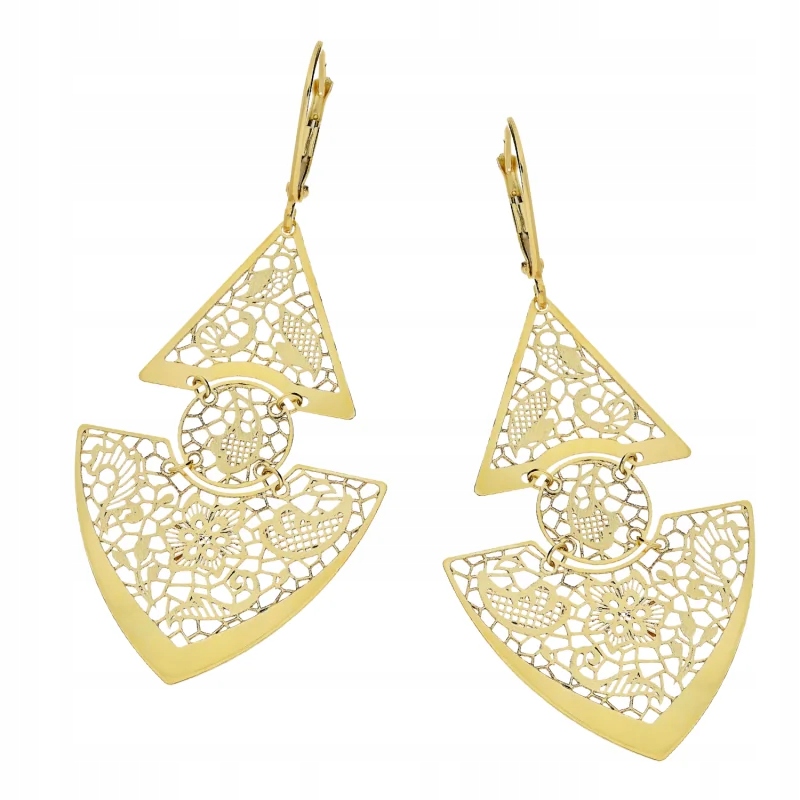 zlaté náušnice 585 moderní závěsné dva ažurové trojúhelníky jako dárek 3.16 g