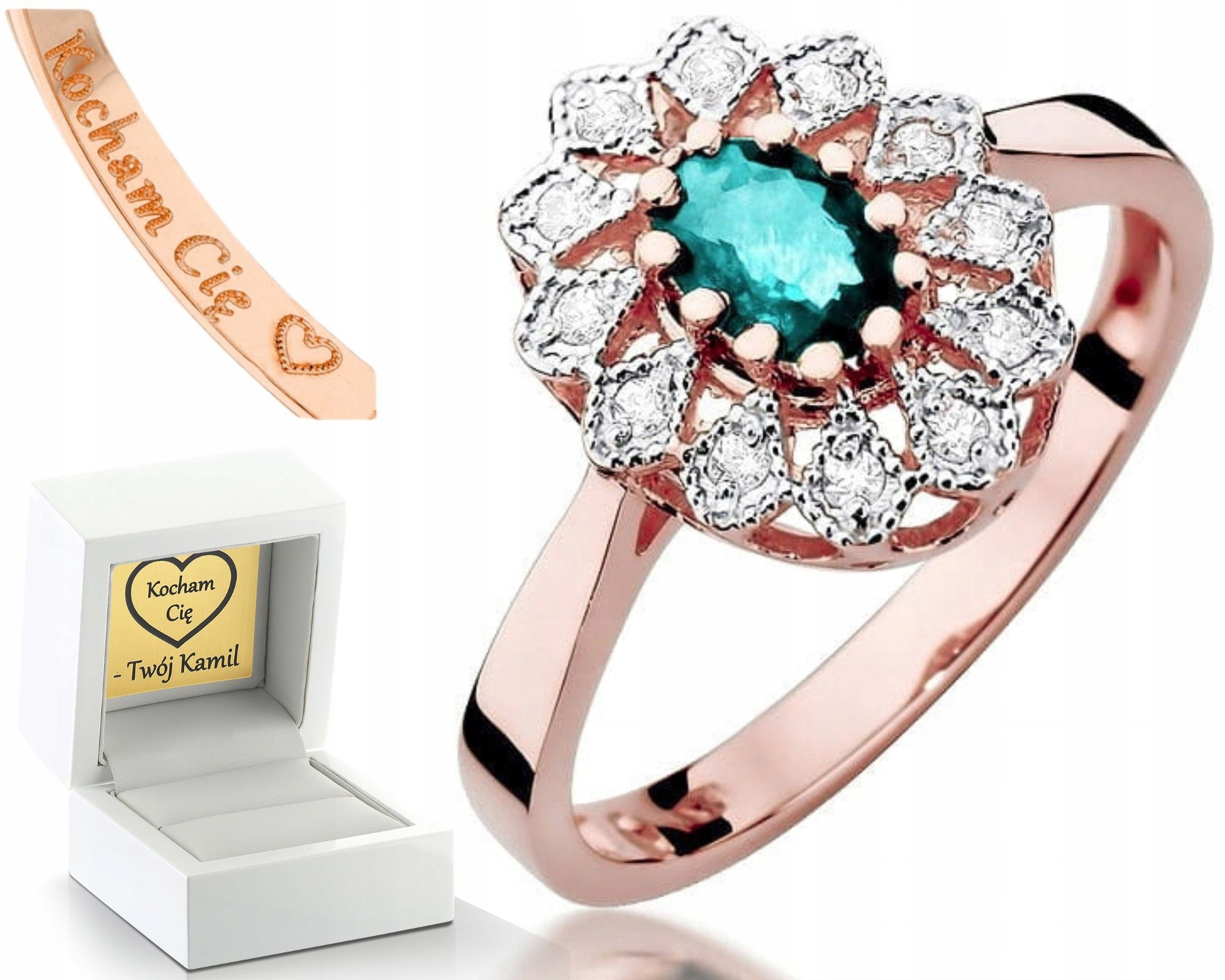 Prstýnek Smaragd Brilianty Růžové Zlato Gravírování 585 Bonus Dárek